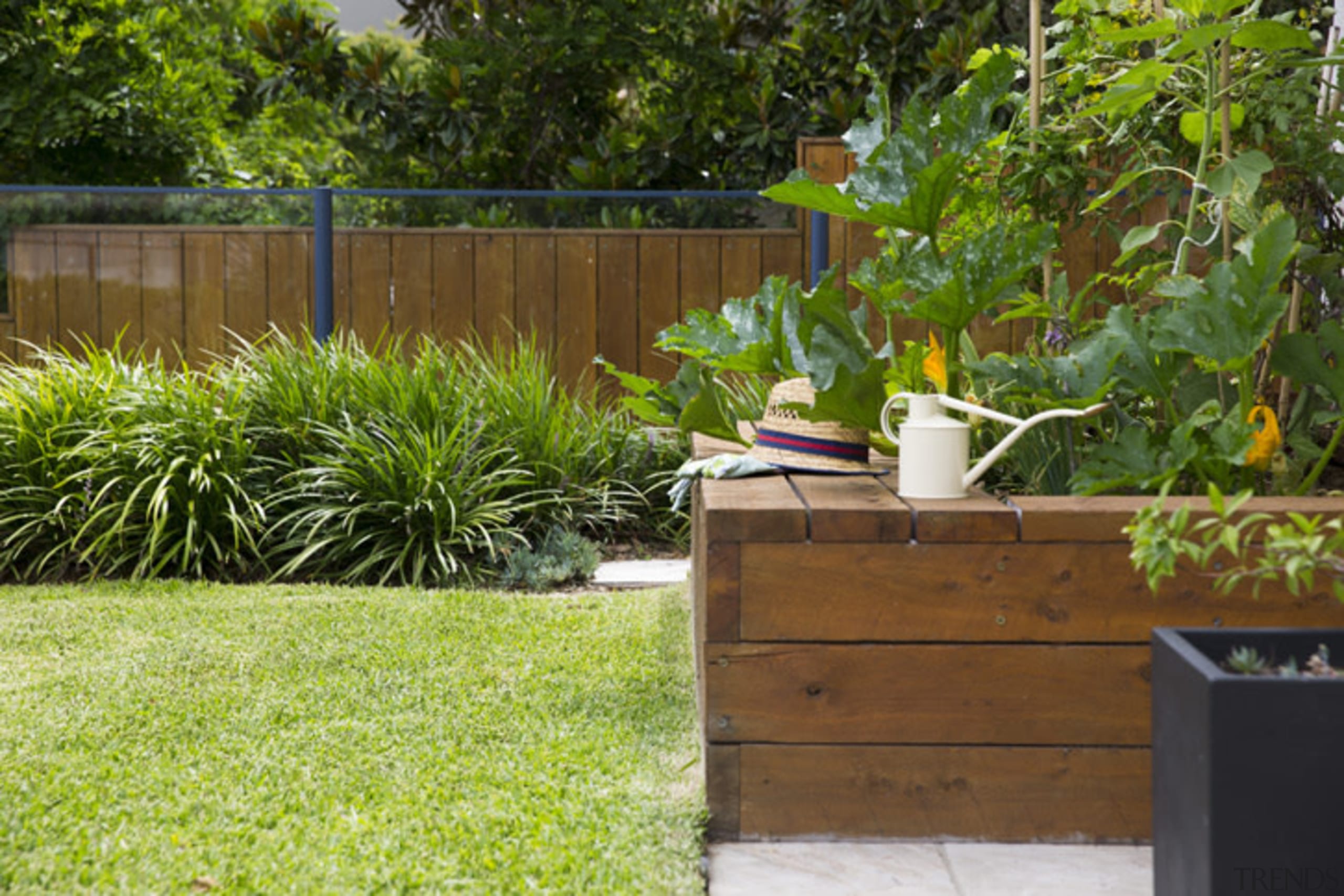 Vegie Patch By Landart Landscapes. Photography: Jason Busch backyard, fence, garden, grass, landscape, landscaping, lawn, outdoor structure, plant, walkway, wood, yard, brown