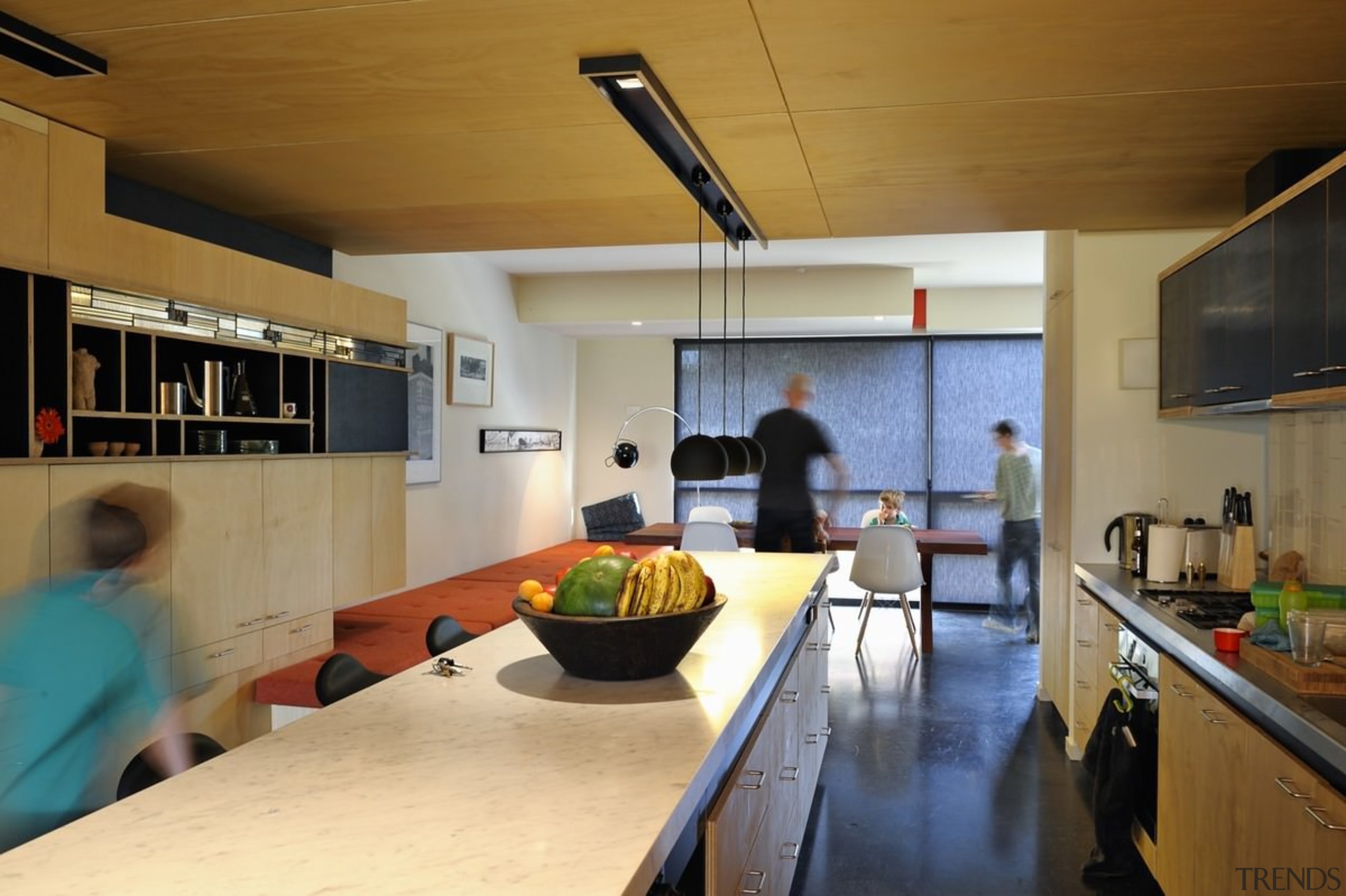 The interiors are spacious, with plenty of room countertop, house, interior design, kitchen, room, brown