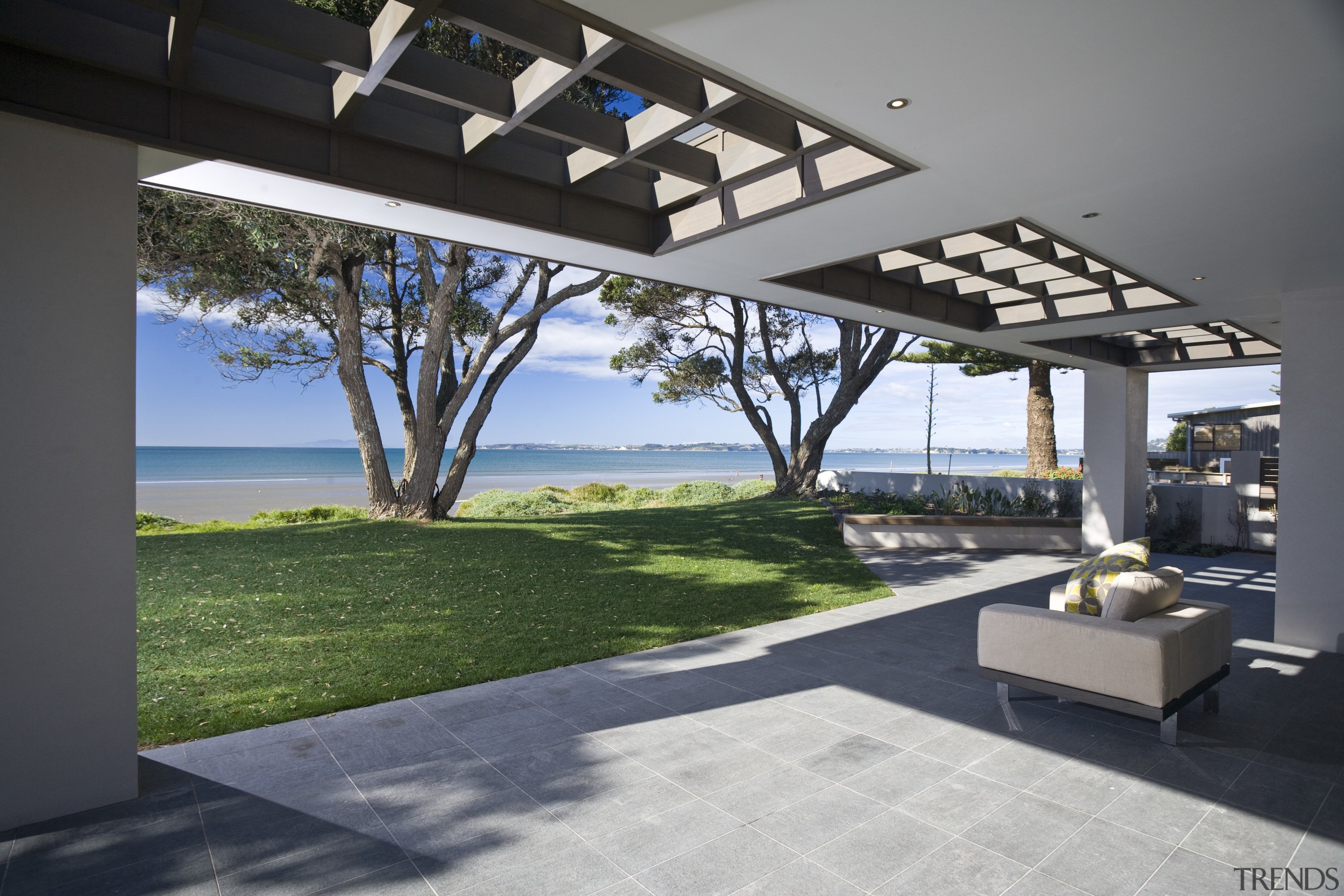 View of a large patio of this home architecture, estate, home, house, interior design, property, real estate, gray, black