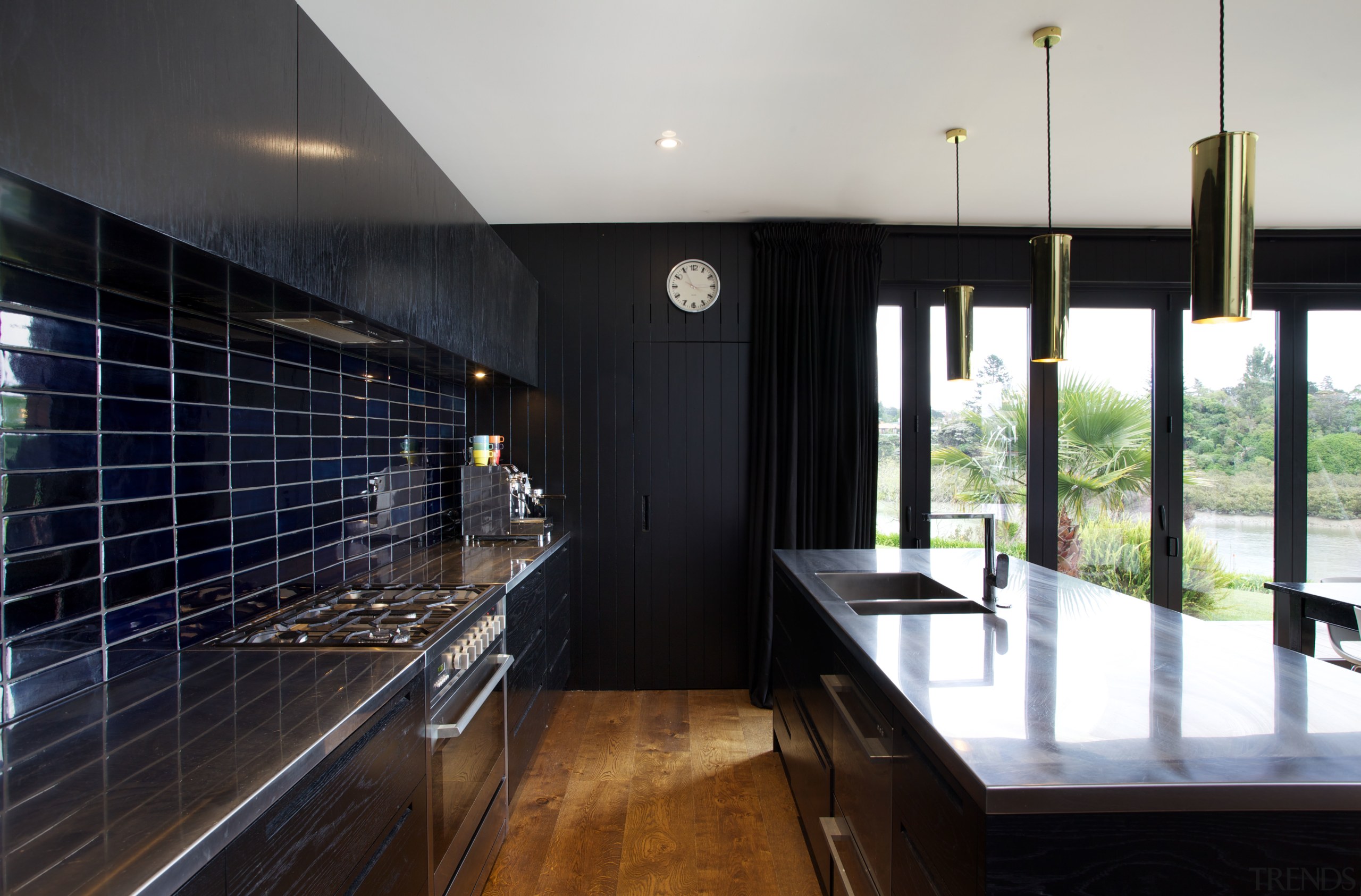 Hand-glazed tiles in varying shades of inky blue architecture, countertop, house, interior design, real estate, window, black