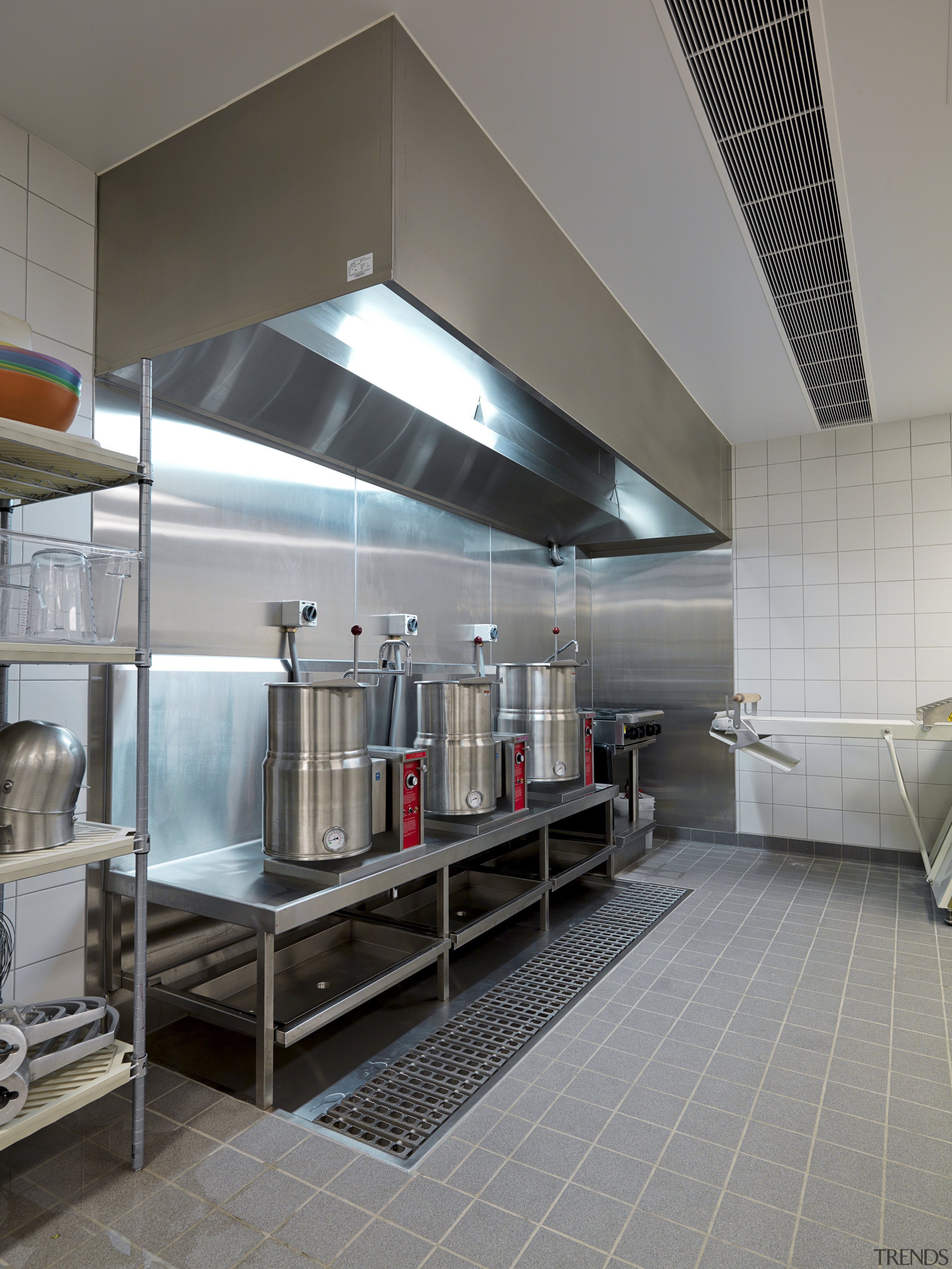 View of the 100m long production kitchen of ceiling, daylighting, floor, interior design, gray