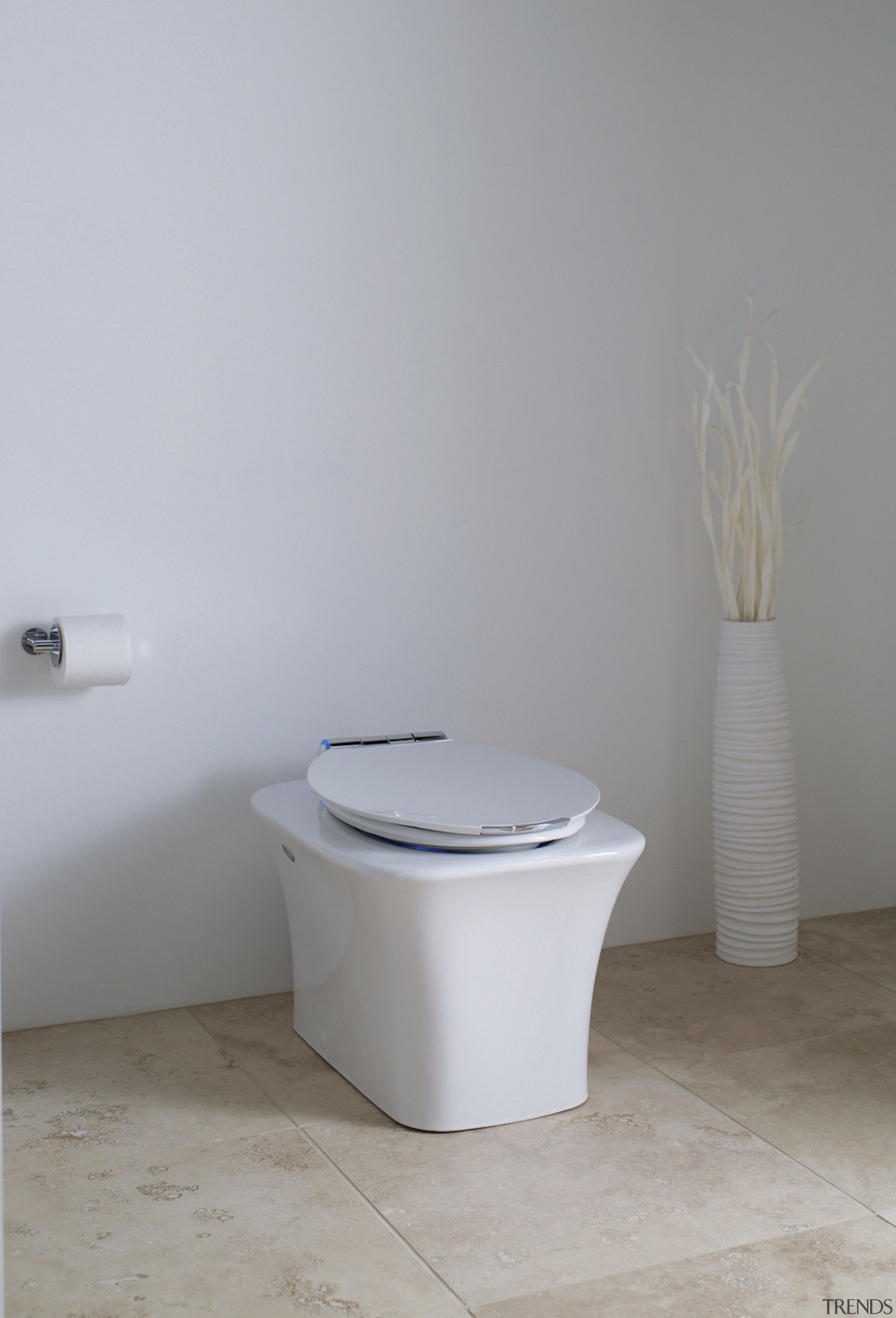 view of the Kohler tankless, one-piece Fountainhead toilet. bathroom sink, bidet, ceramic, plumbing fixture, product design, tap, toilet, toilet seat, gray