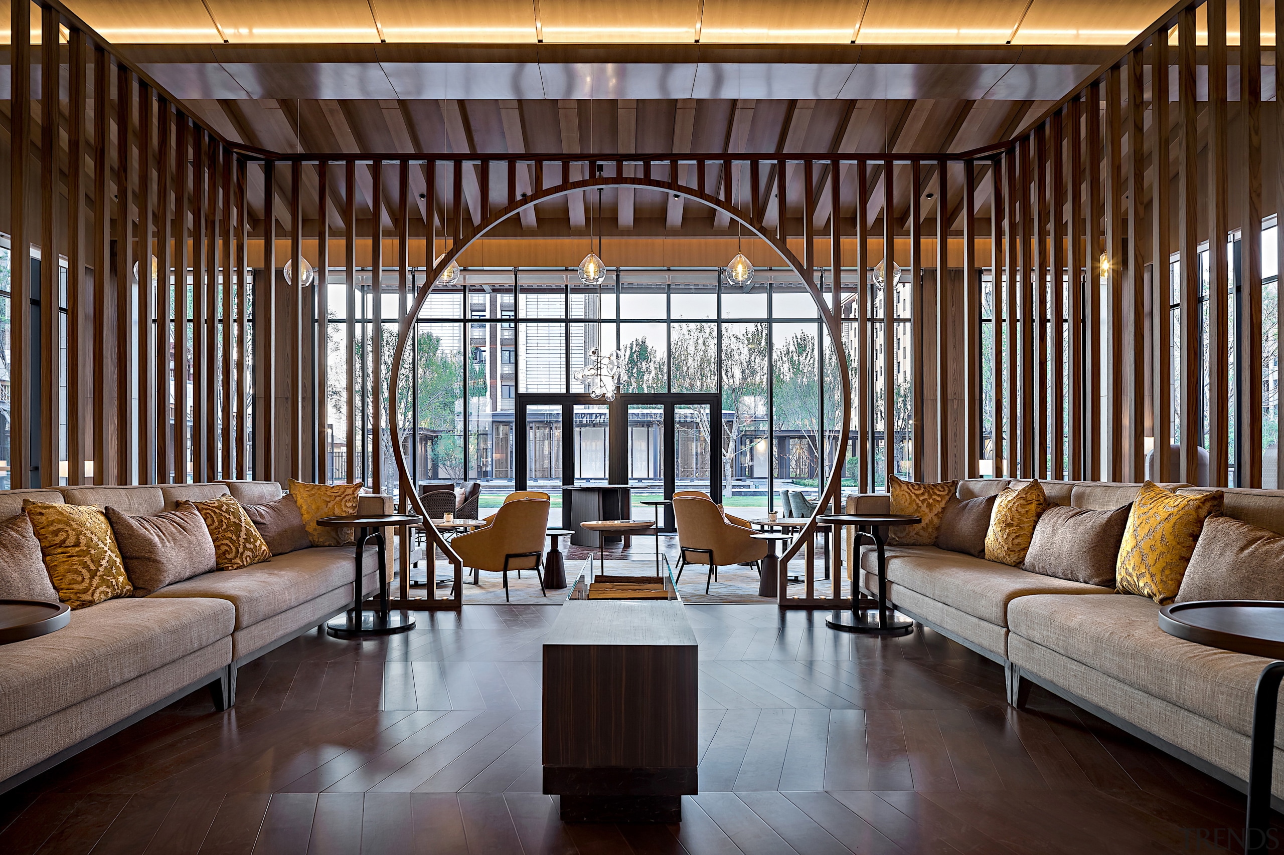 The lobby lounge offers comfortable seating and architectural 