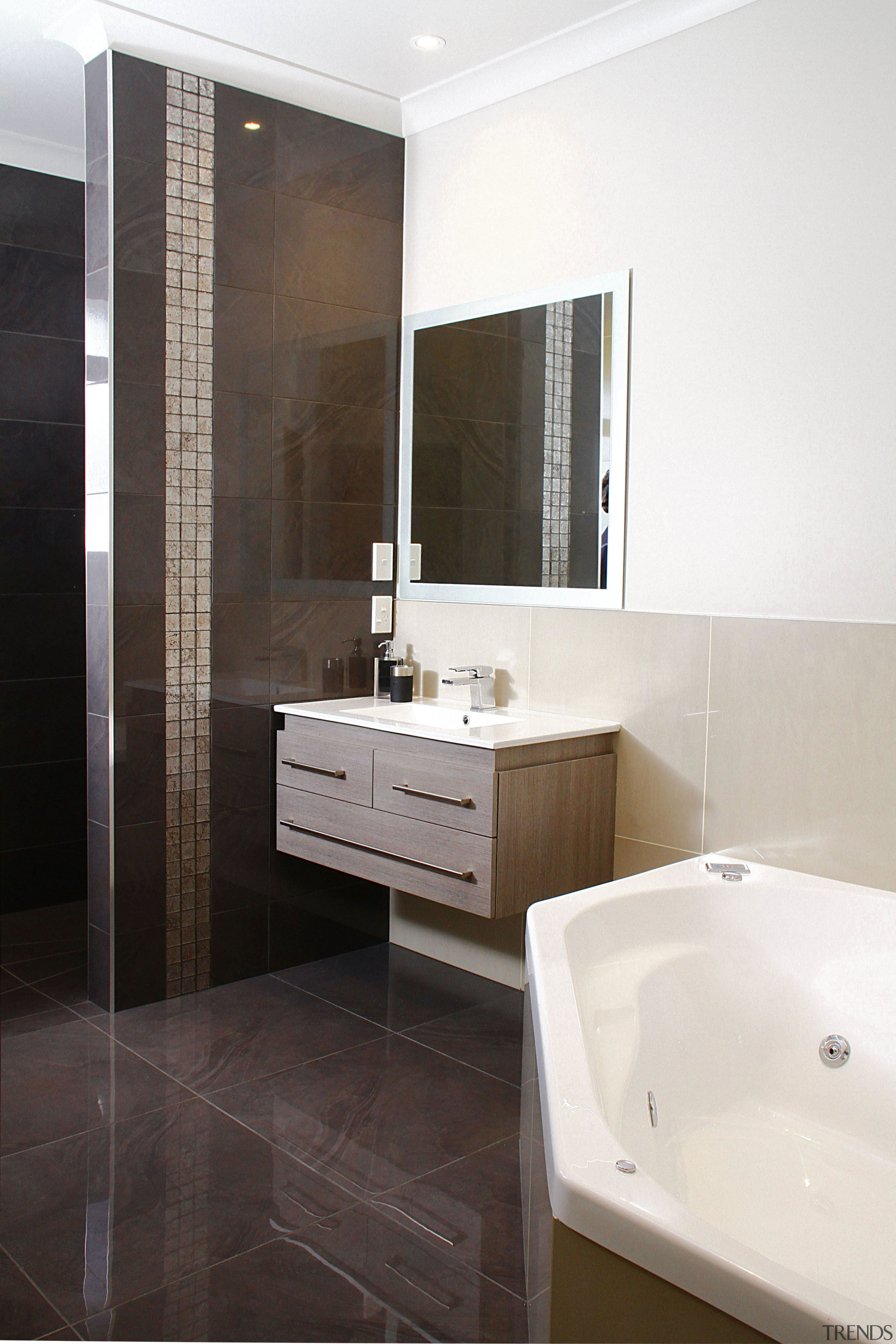 This home won the Registered Master Builders House bathroom, bathroom accessory, bathroom cabinet, floor, interior design, room, sink, tile, white, black