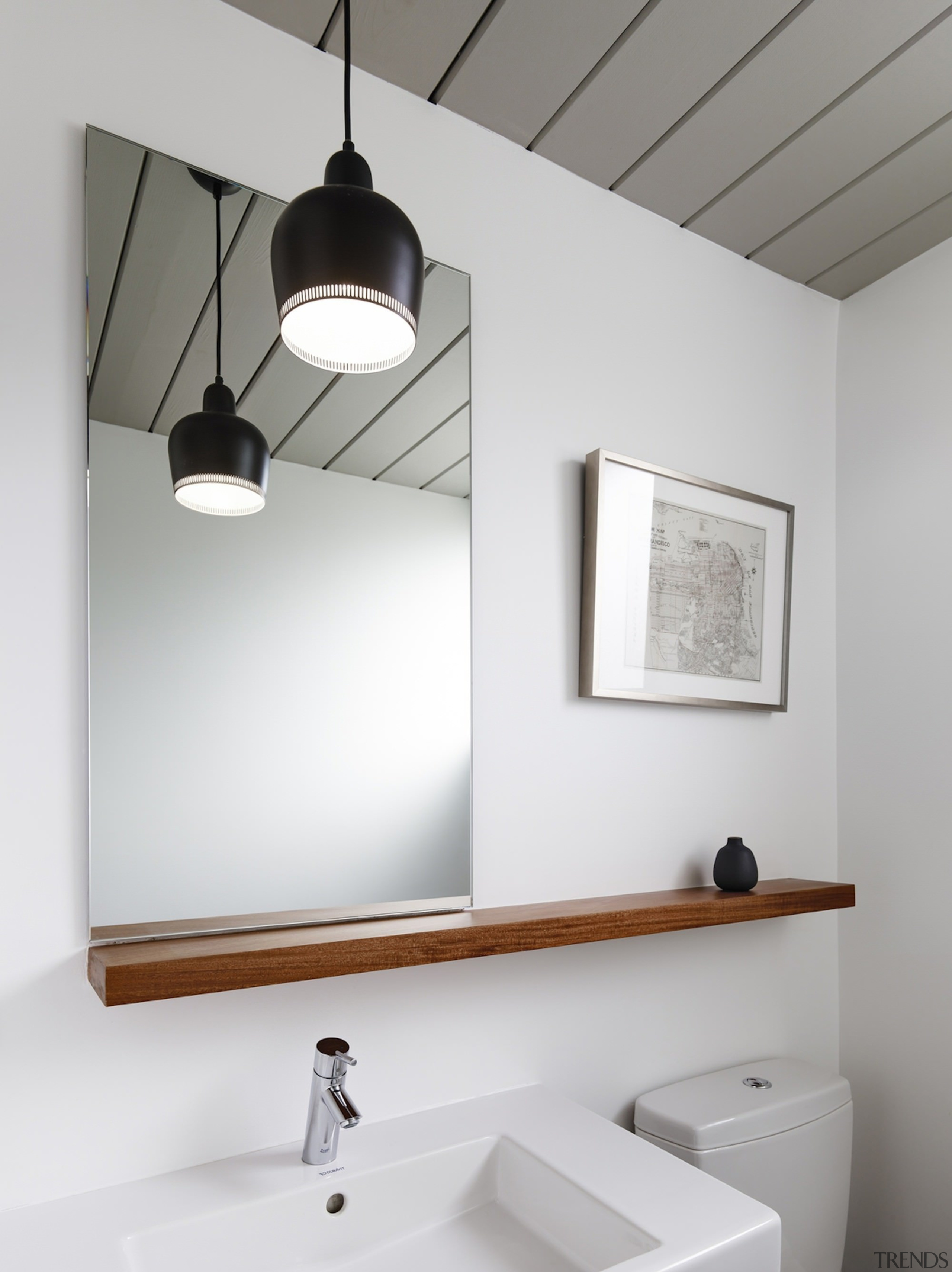 A unique panelled ceiling compliments the white walls bathroom, bathroom accessory, ceiling, daylighting, interior design, lamp, light fixture, lighting, product design, tap, wall, gray, white