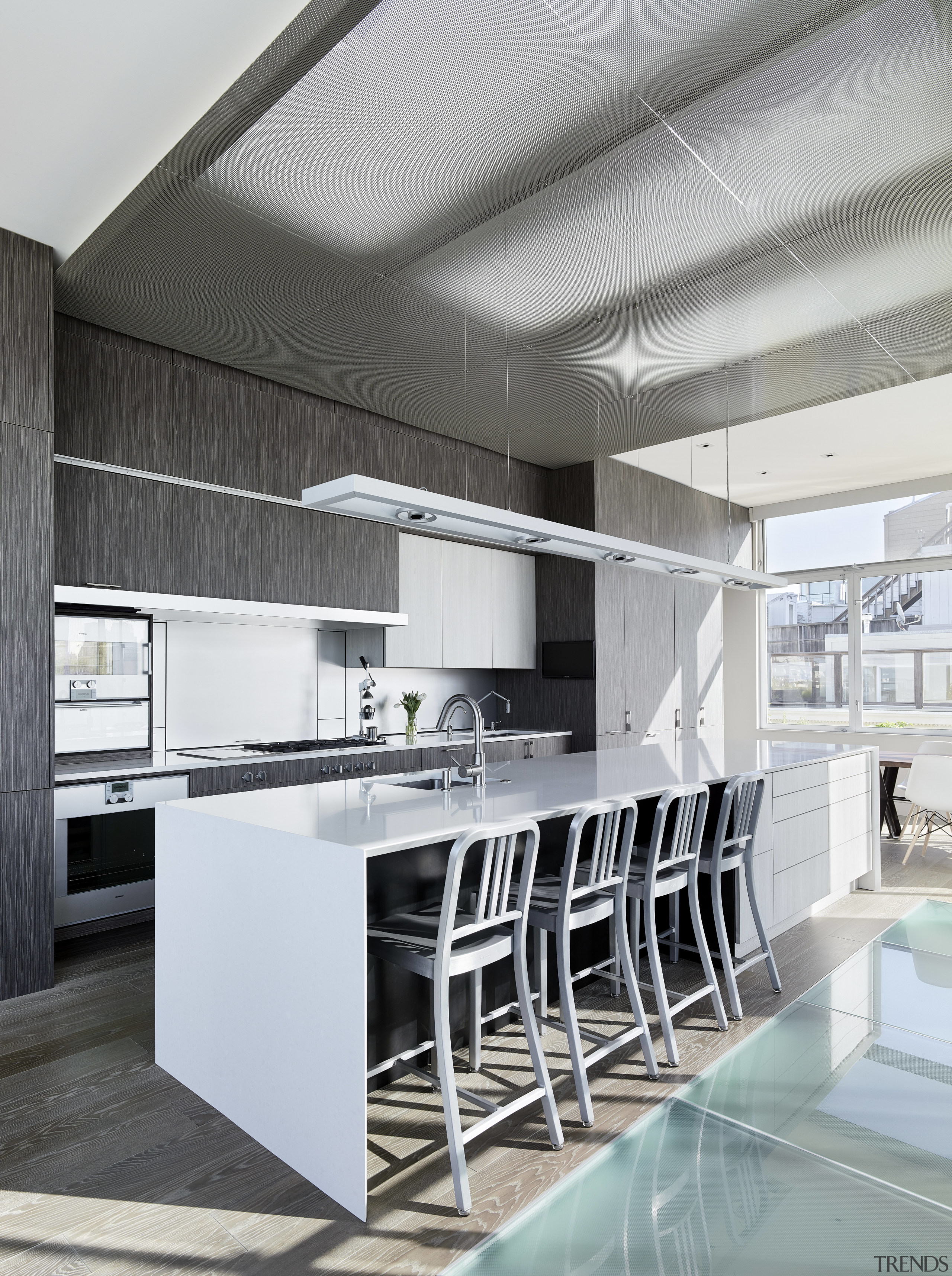 Concealed skylights provide a diffuse light for this architecture, countertop, interior design, kitchen, product design, white, gray