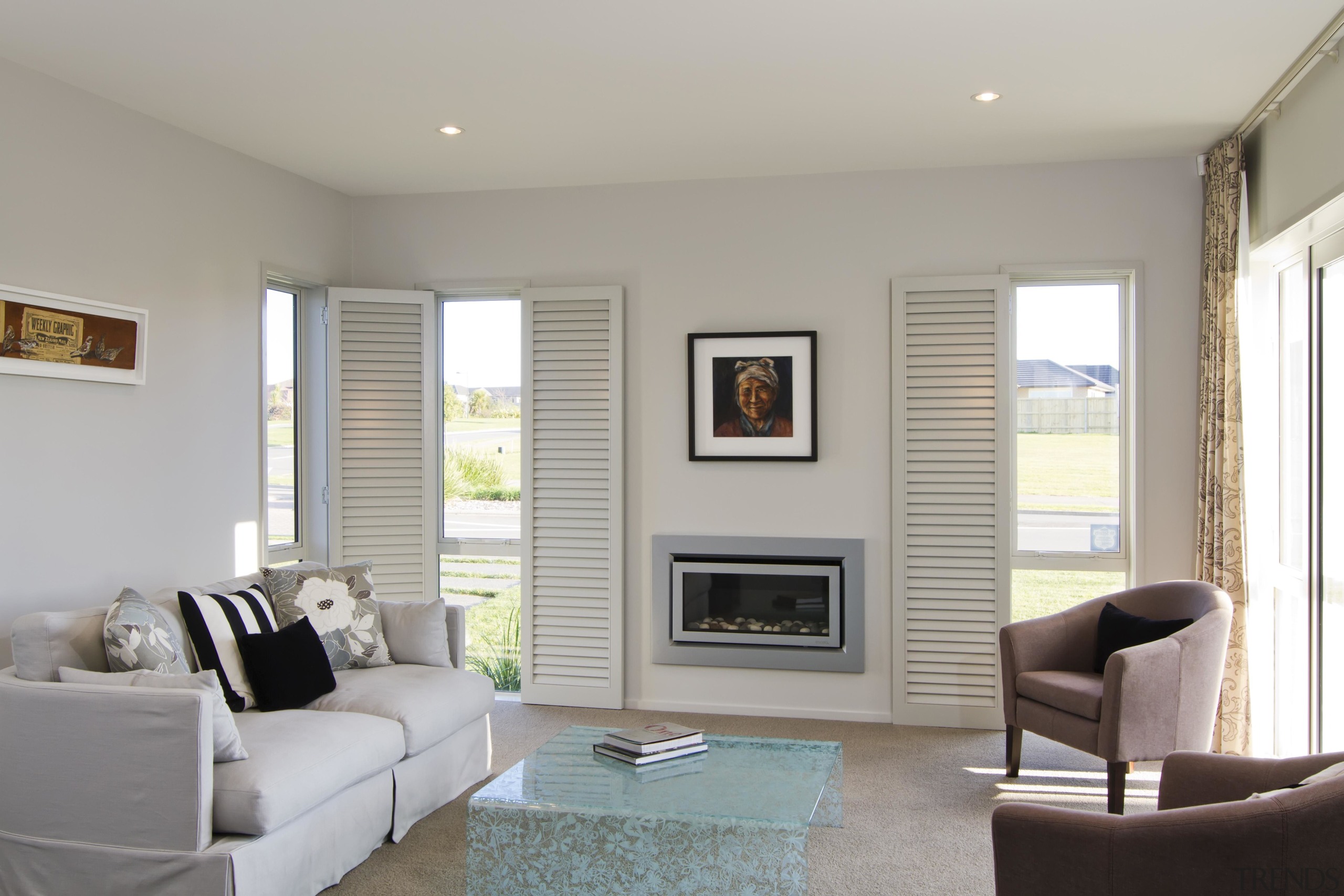 White bright lounge designed by Lincoln - Landmark ceiling, floor, hearth, home, interior design, living room, property, real estate, room, wall, window, window covering, window treatment, gray