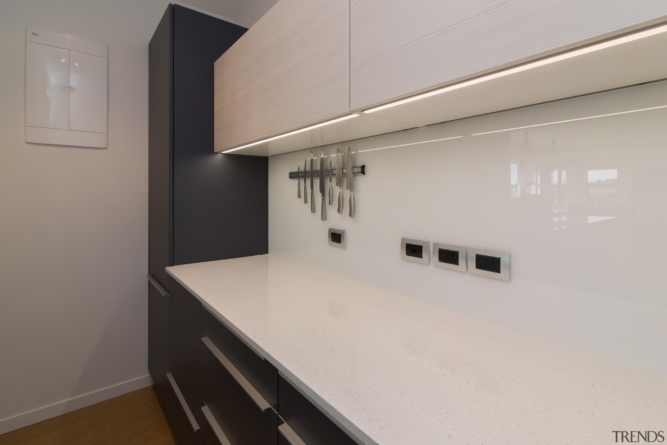 Lighting sunken into the edge of the top cabinetry, countertop, floor, home, interior design, kitchen, property, real estate, room, gray