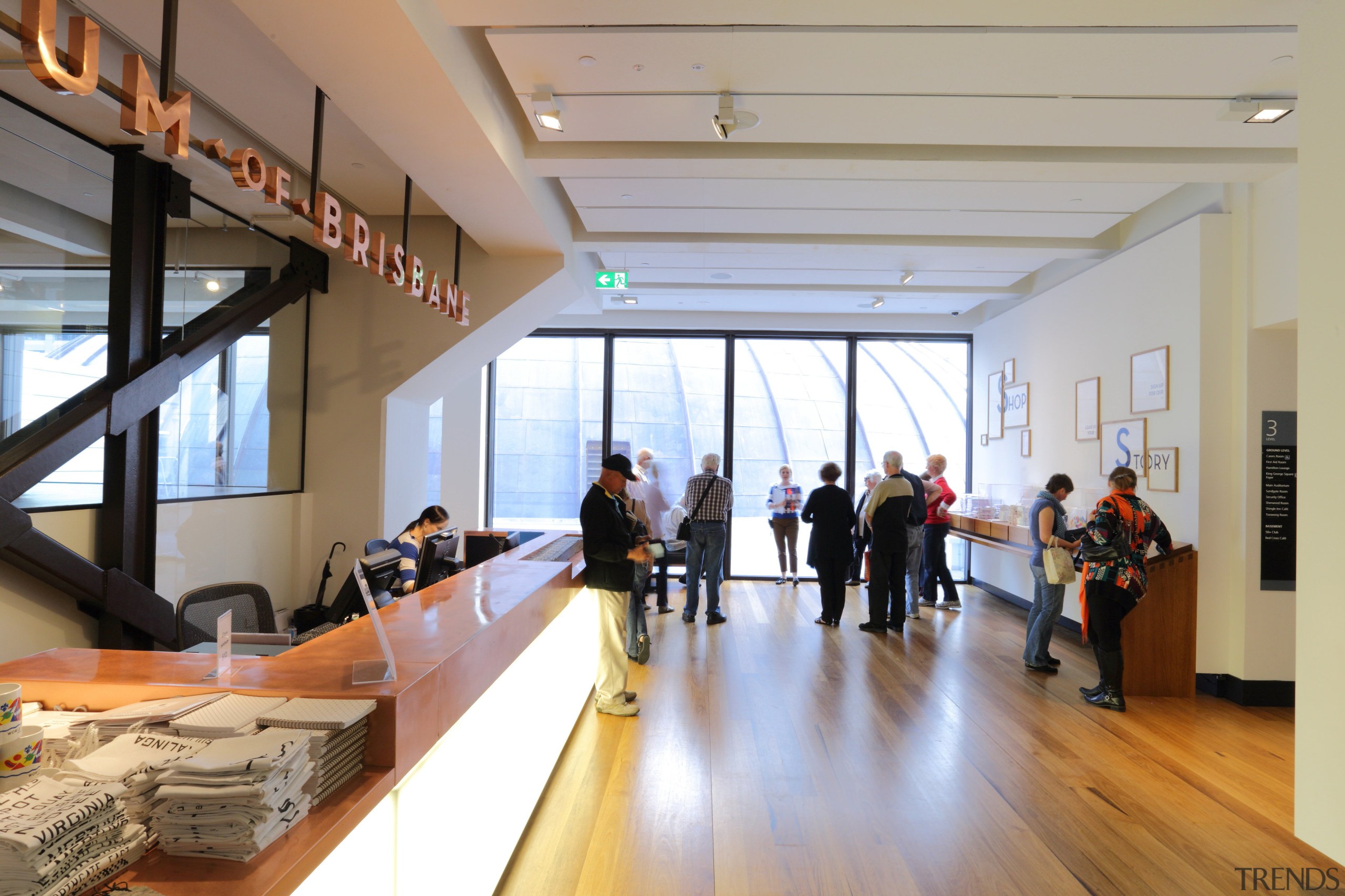 The clock towers structure is visible from the institution, interior design, lobby, gray