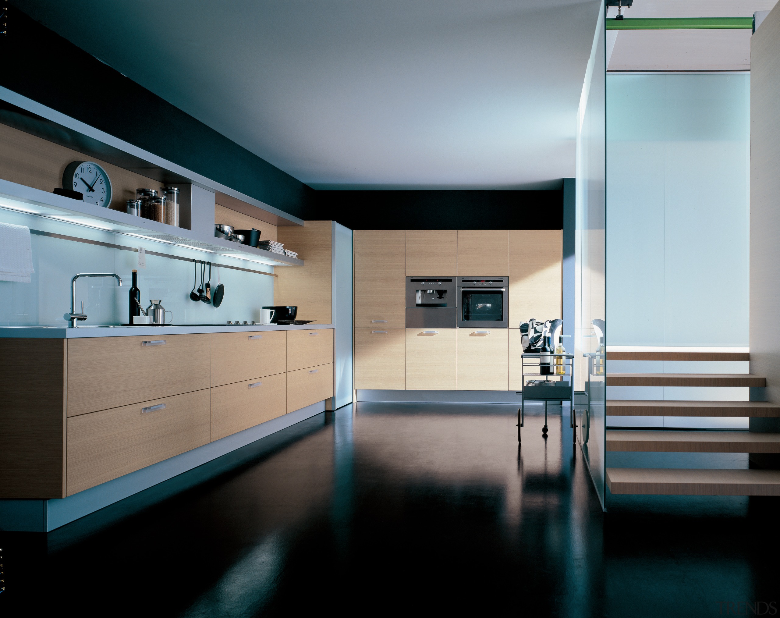 Kitchen with timber look cabinetry, grey splashback and architecture, countertop, floor, furniture, interior design, kitchen, room, gray, black