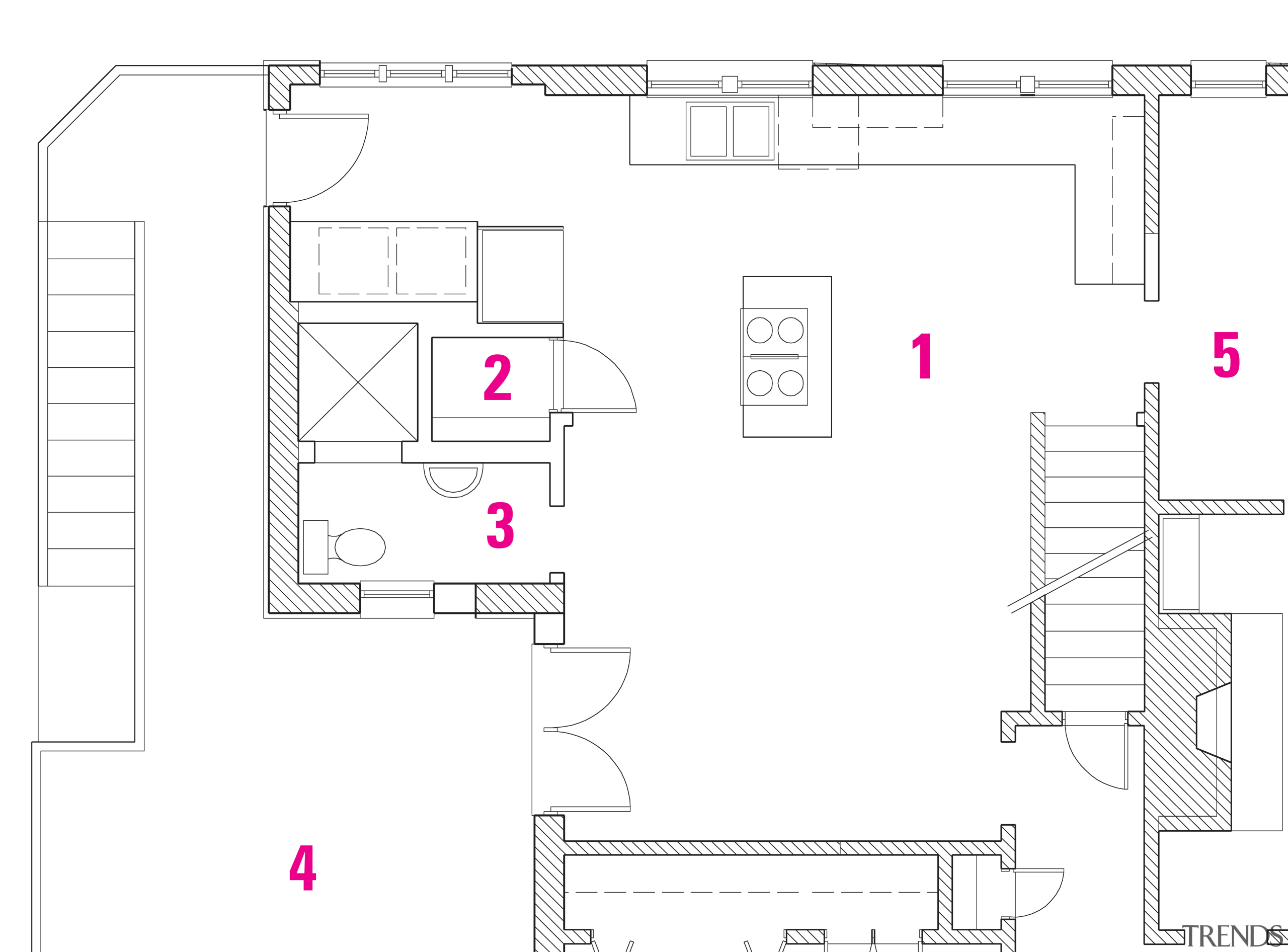 Legend before plan: 1.Kitchen, 2.bathroom, 3.toilet, 4.terrace. angle, area, design, diagram, drawing, floor plan, font, line, plan, product, product design, structure, technical drawing, text, white