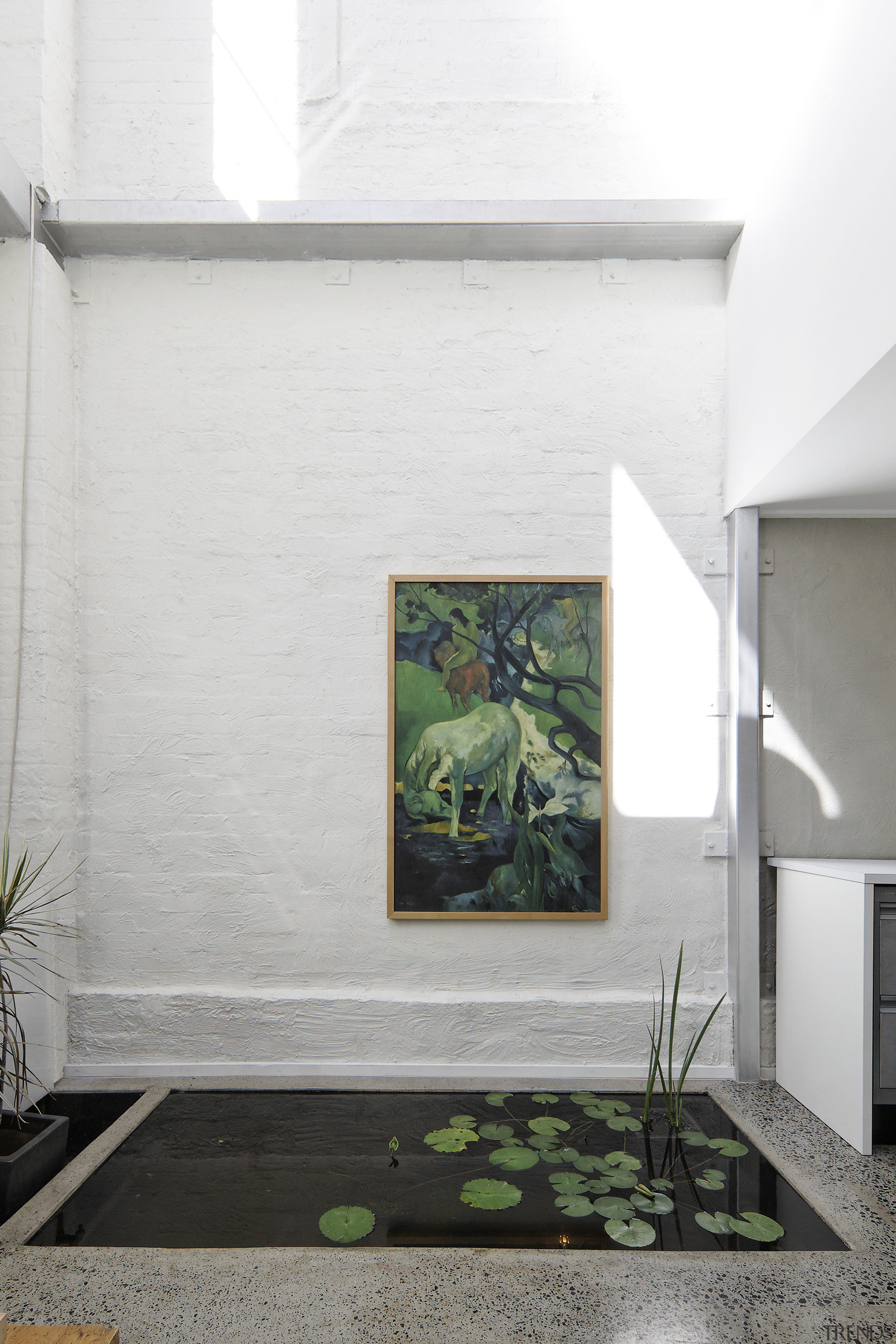 View of pond with print on wall. - architecture, floor, house, interior design, wall, white