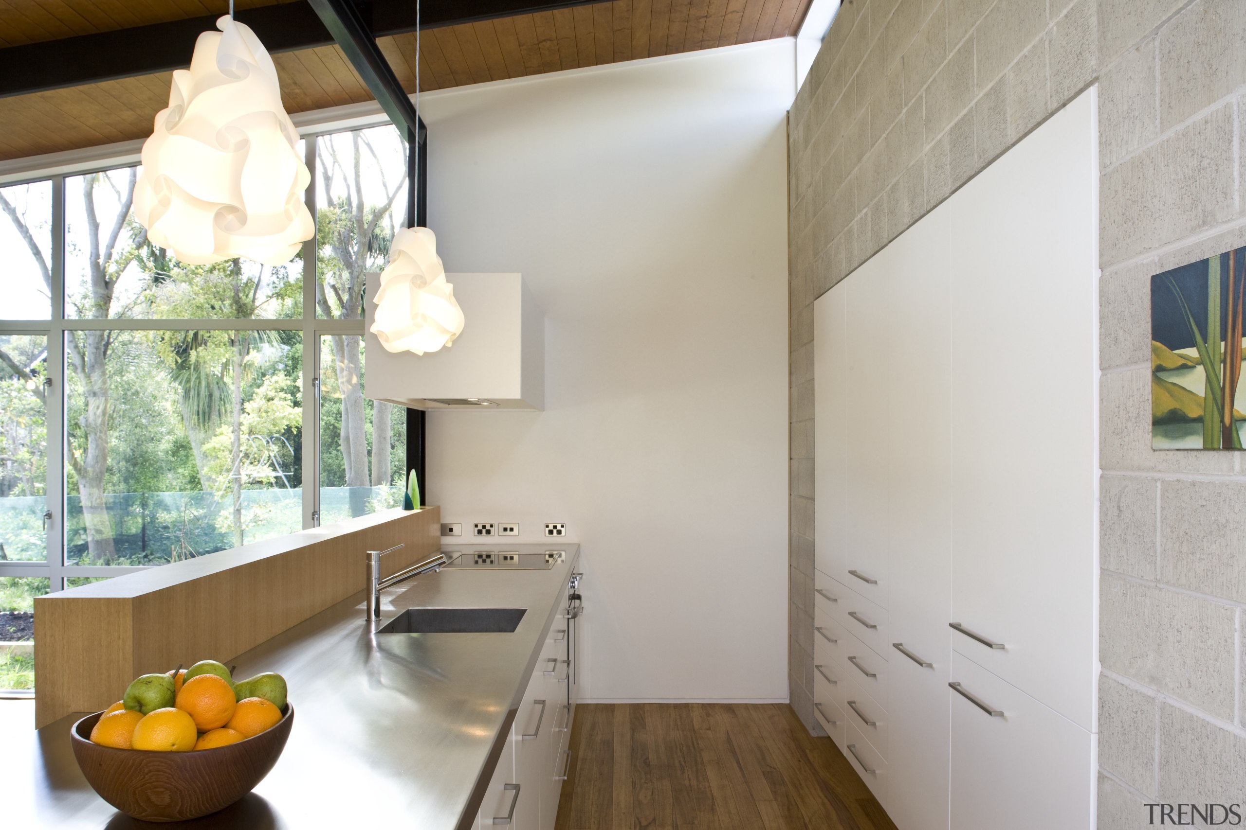 View of a kitchen which features a hood architecture, ceiling, countertop, floor, home, house, interior design, real estate, room, gray