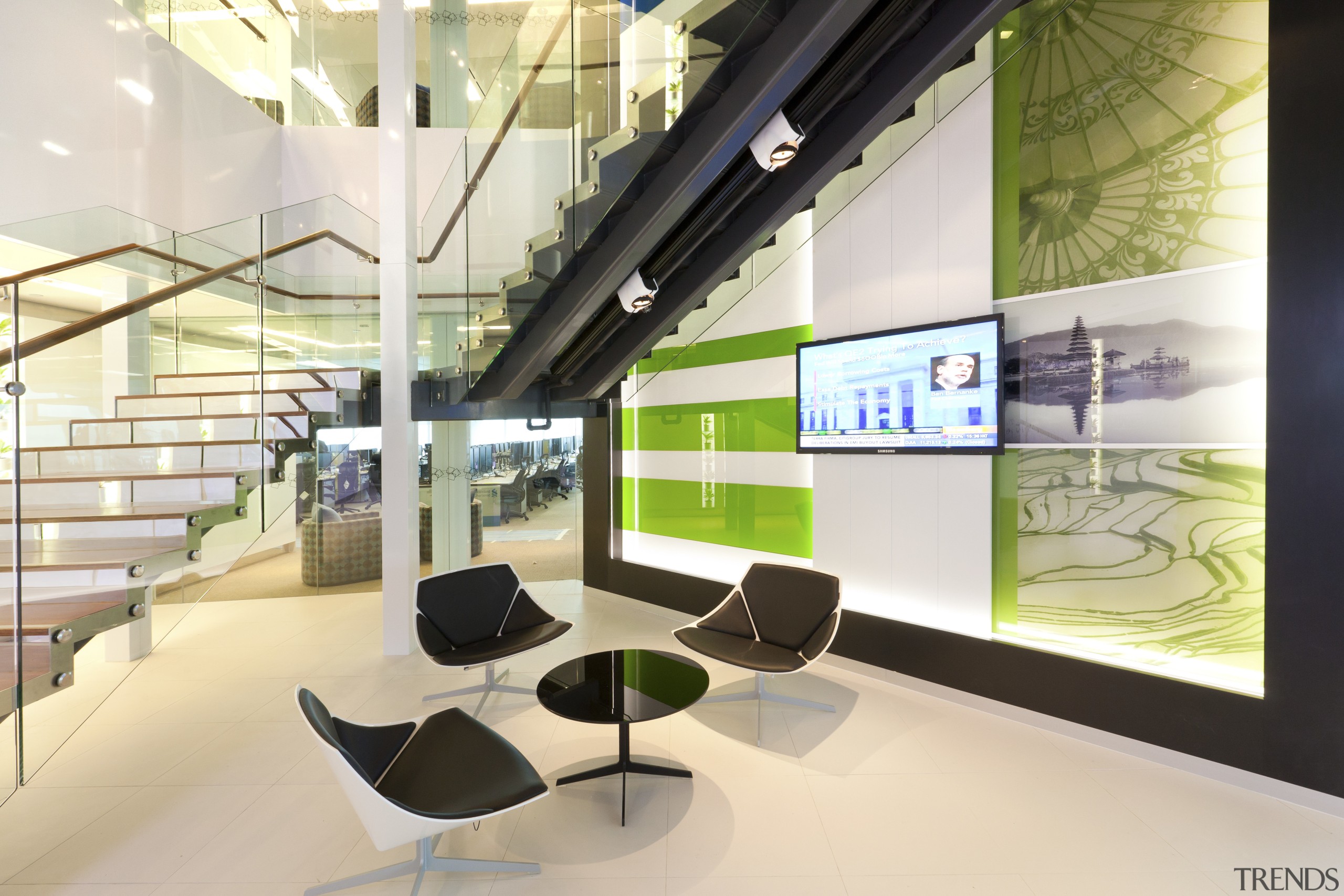 View of a contemporary corporate space with decorative interior design, office, product design, white