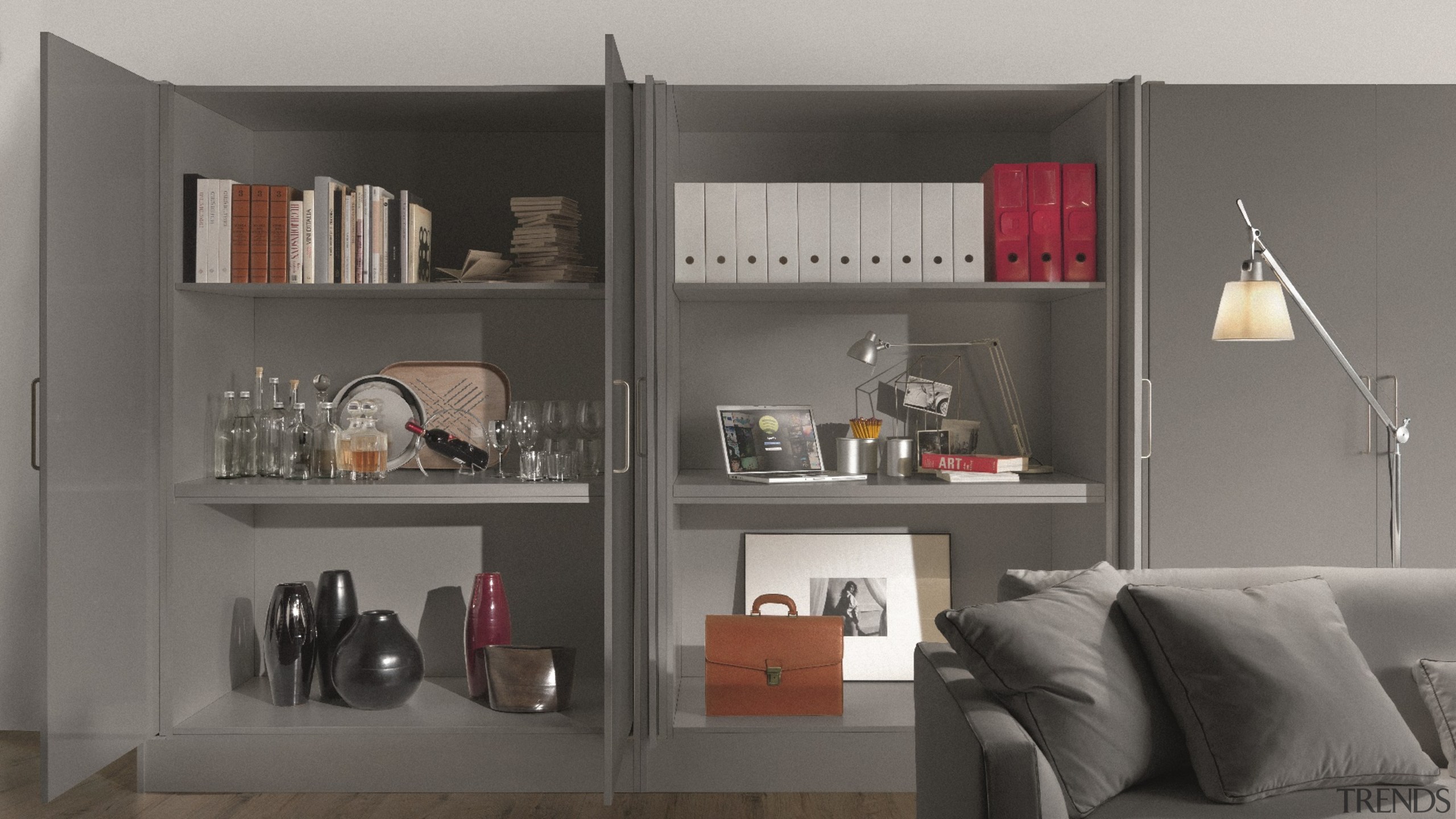 Salice Eclipse Pocket Doors are ideal for when bookcase, furniture, interior design, shelf, shelving, gray