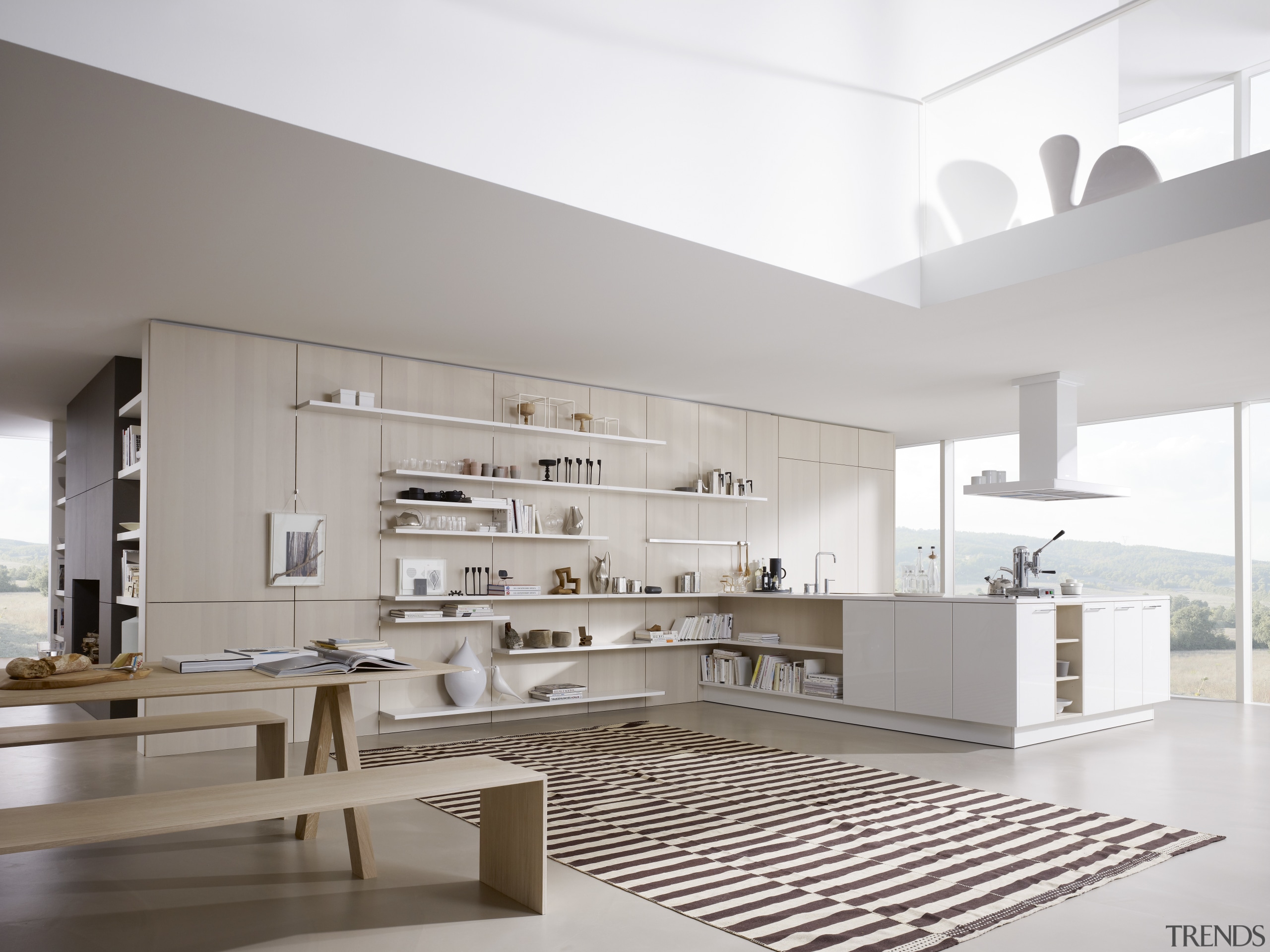 Photography of the "FloatingSpaces" system by SieMatic. architecture, ceiling, floor, interior design, interior designer, kitchen, living room, product design, gray