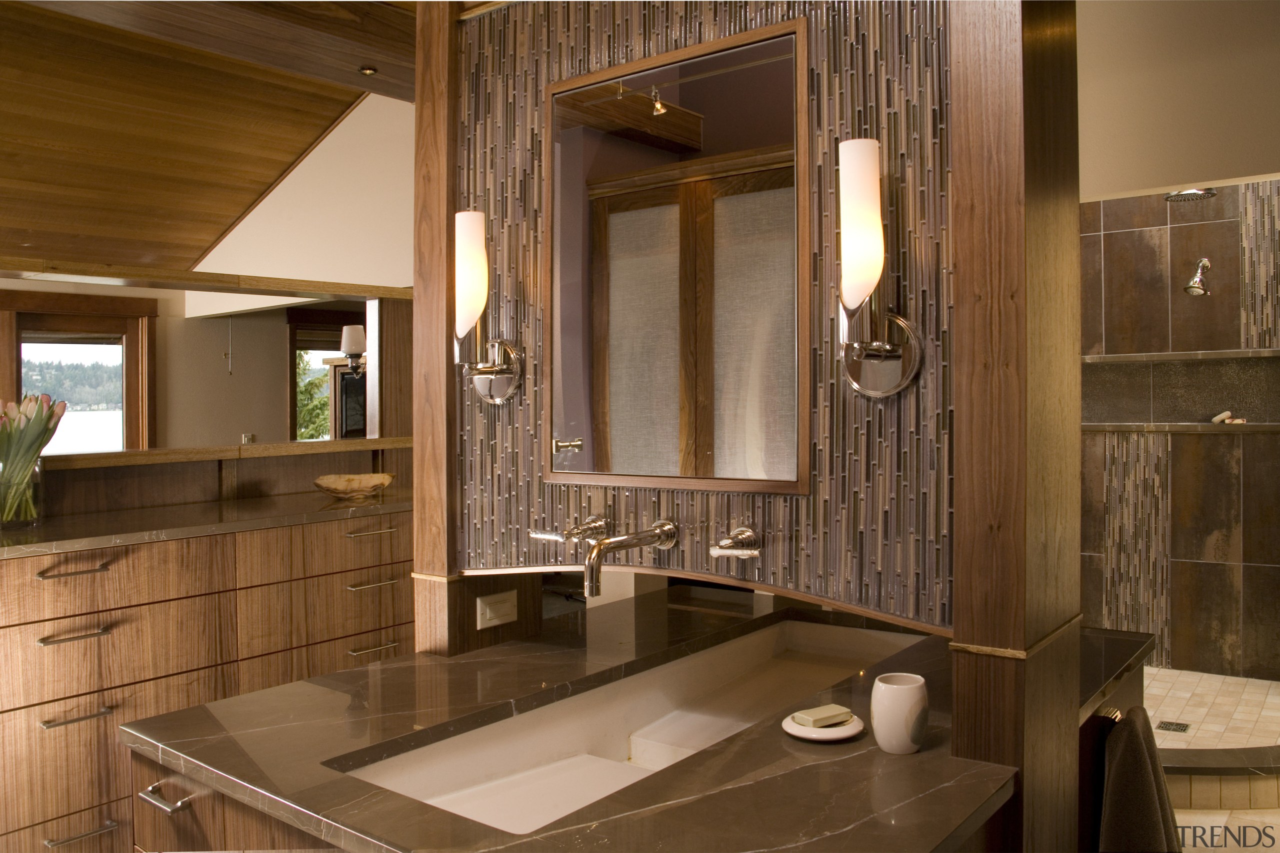 View of bathroom with wooden cabinetry and brown bathroom, cabinetry, countertop, interior design, room, brown