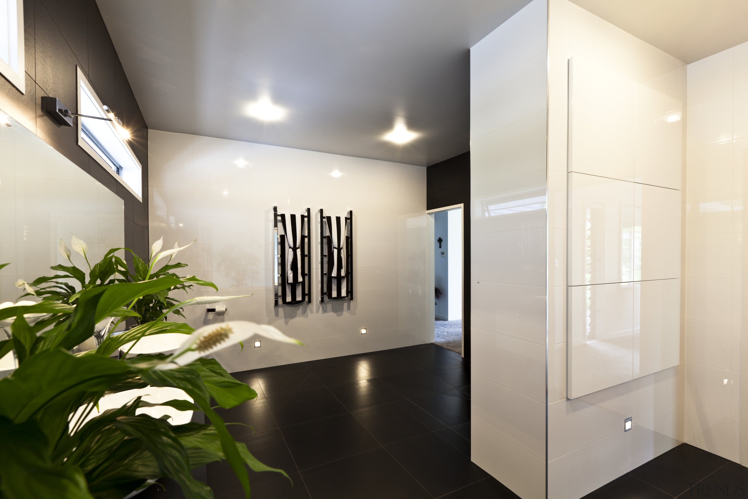 Bathroom with black floor tiles, white walls and architecture, ceiling, interior design, real estate, white