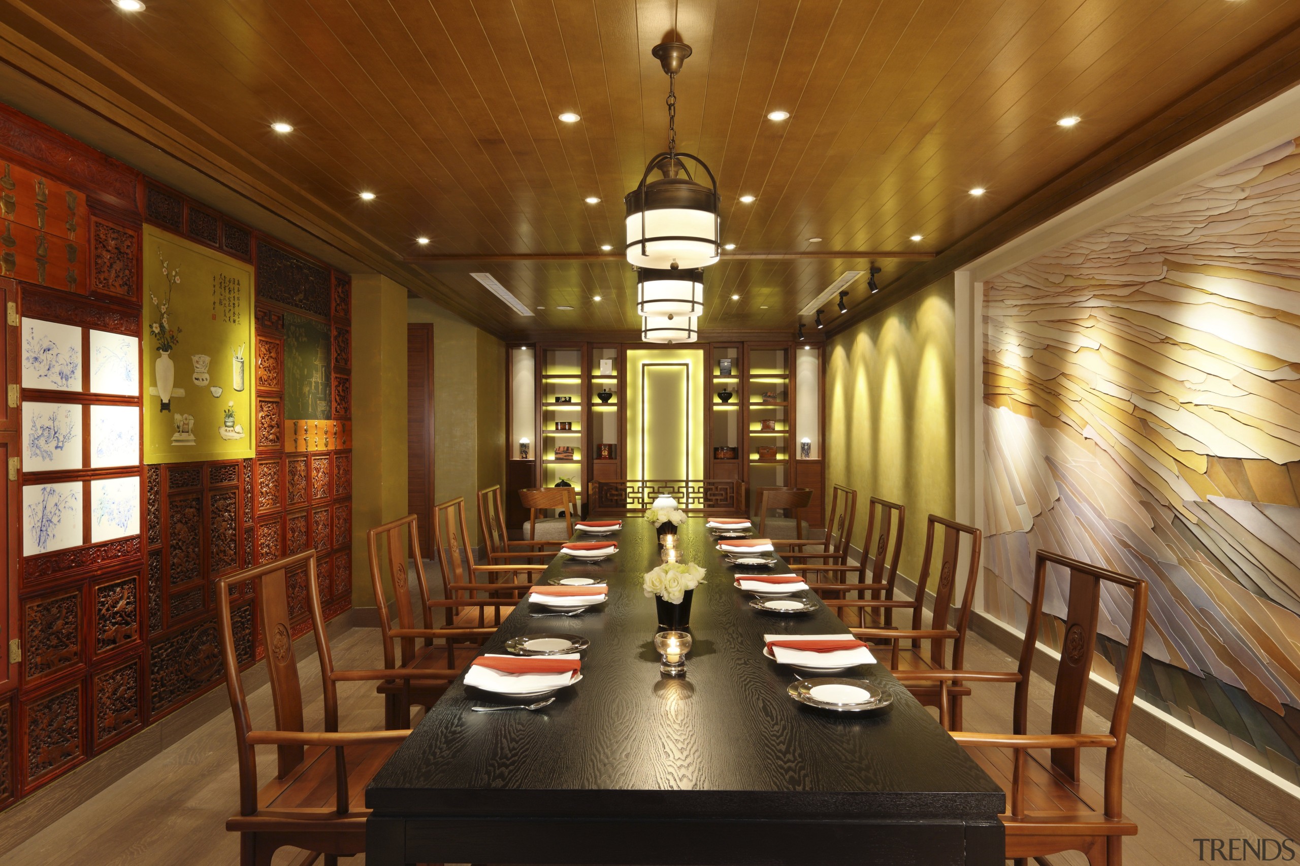 View of dining area with warm lighting. - ceiling, dining room, interior design, lobby, restaurant, brown