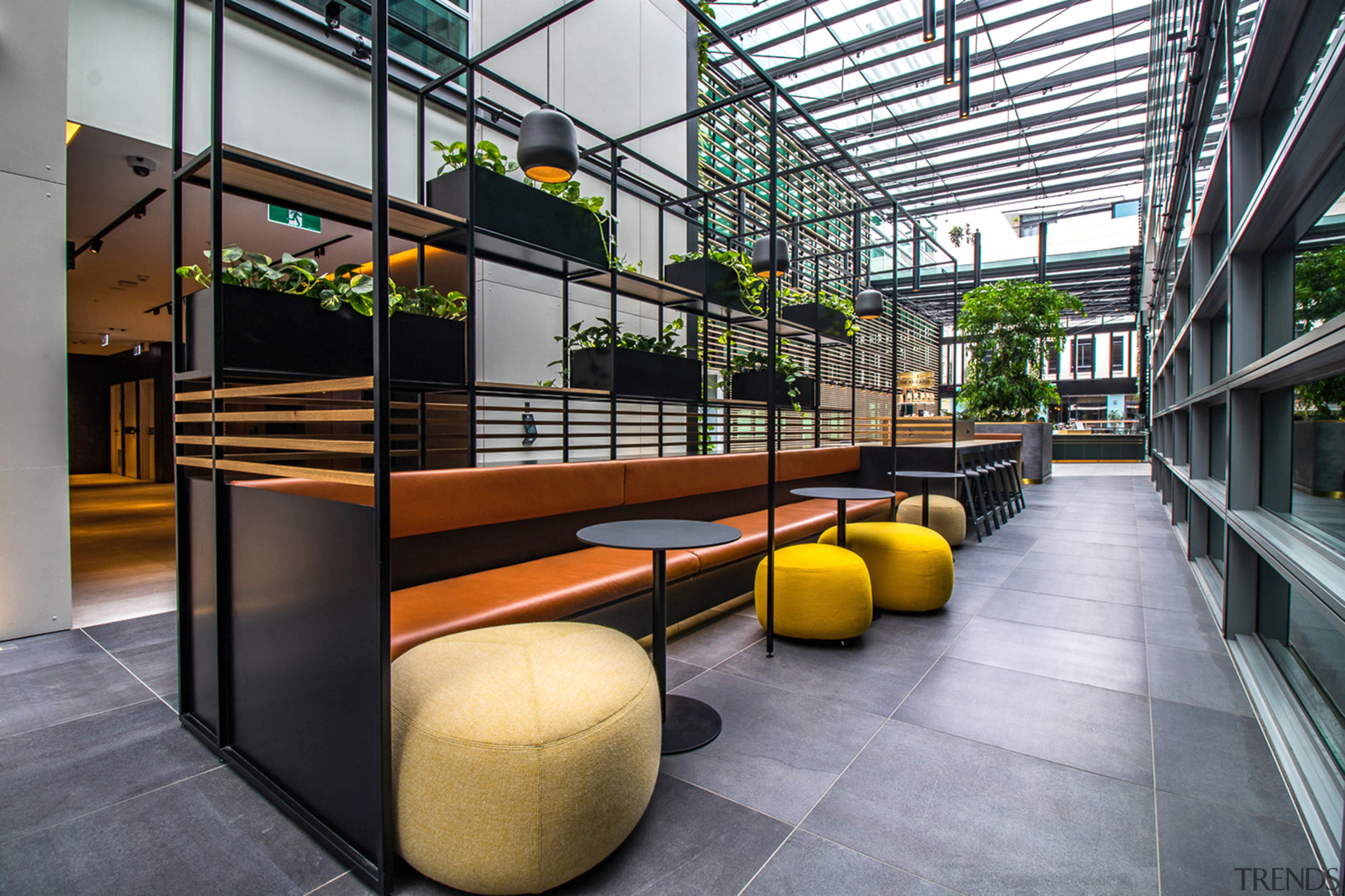 Casual seating and desking areas in the new 60 Union St, architecture, building, design, floor, flooring, furniture, interior design, lobby, office, Custance Associates