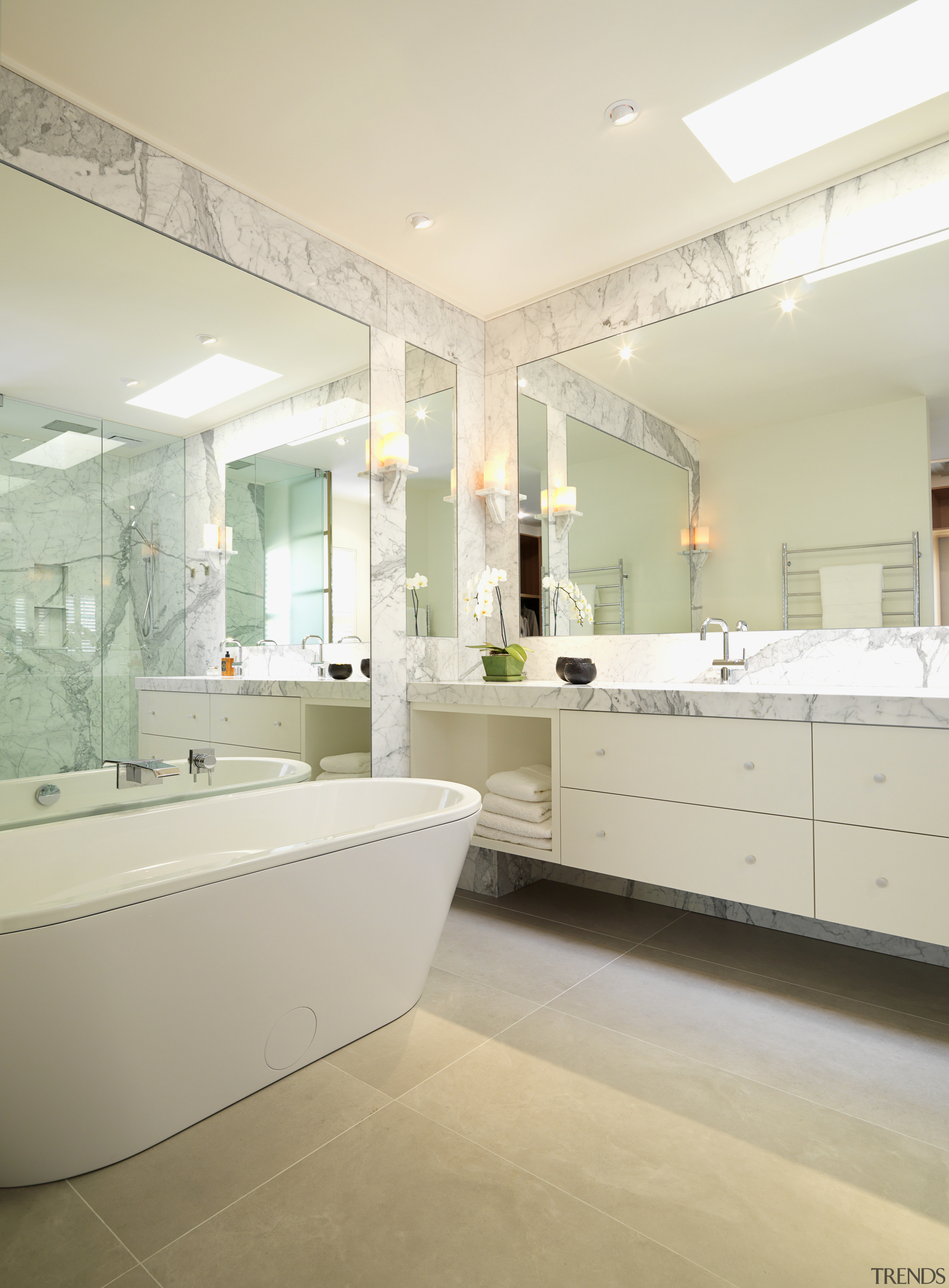 Interior view of bathroom featuring custom made vanity architecture, bathroom, ceiling, countertop, estate, floor, home, interior design, real estate, room, sink, tile, white