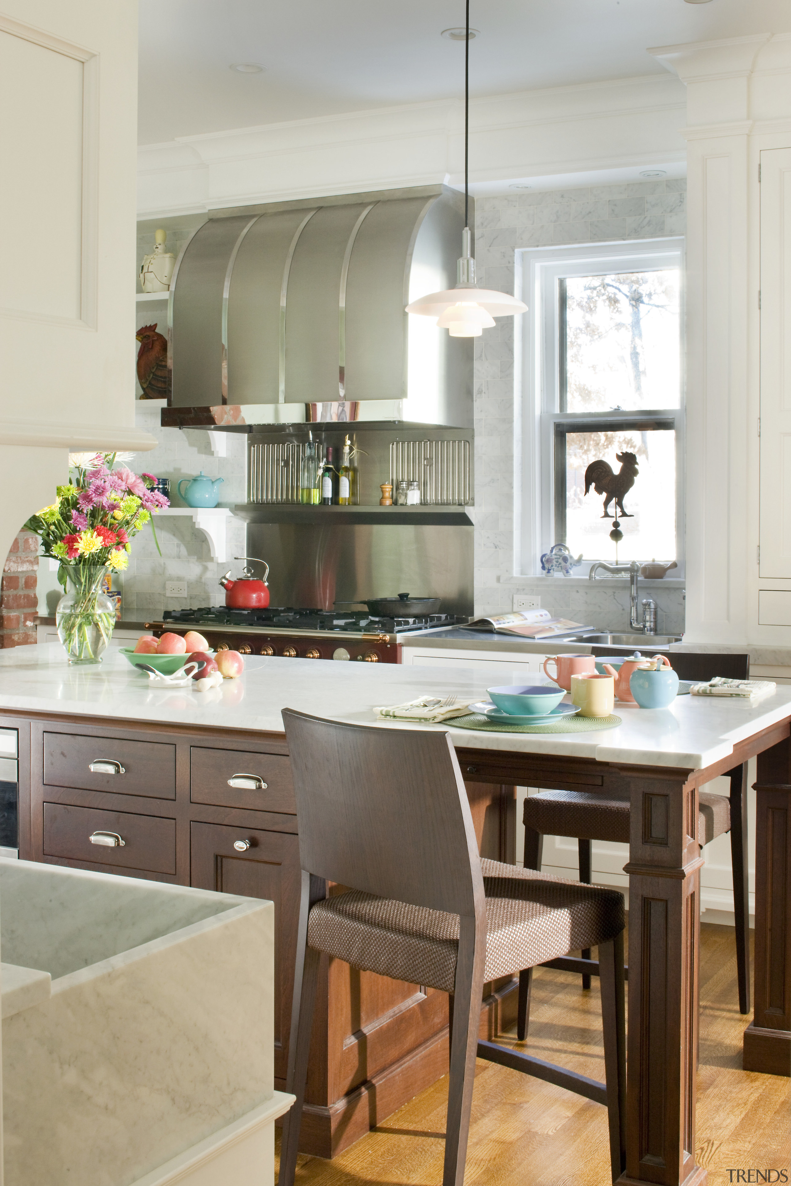 View of kitchen designed by Mikal Otten of cabinetry, countertop, cuisine classique, dining room, furniture, home, interior design, kitchen, room, table, gray, white