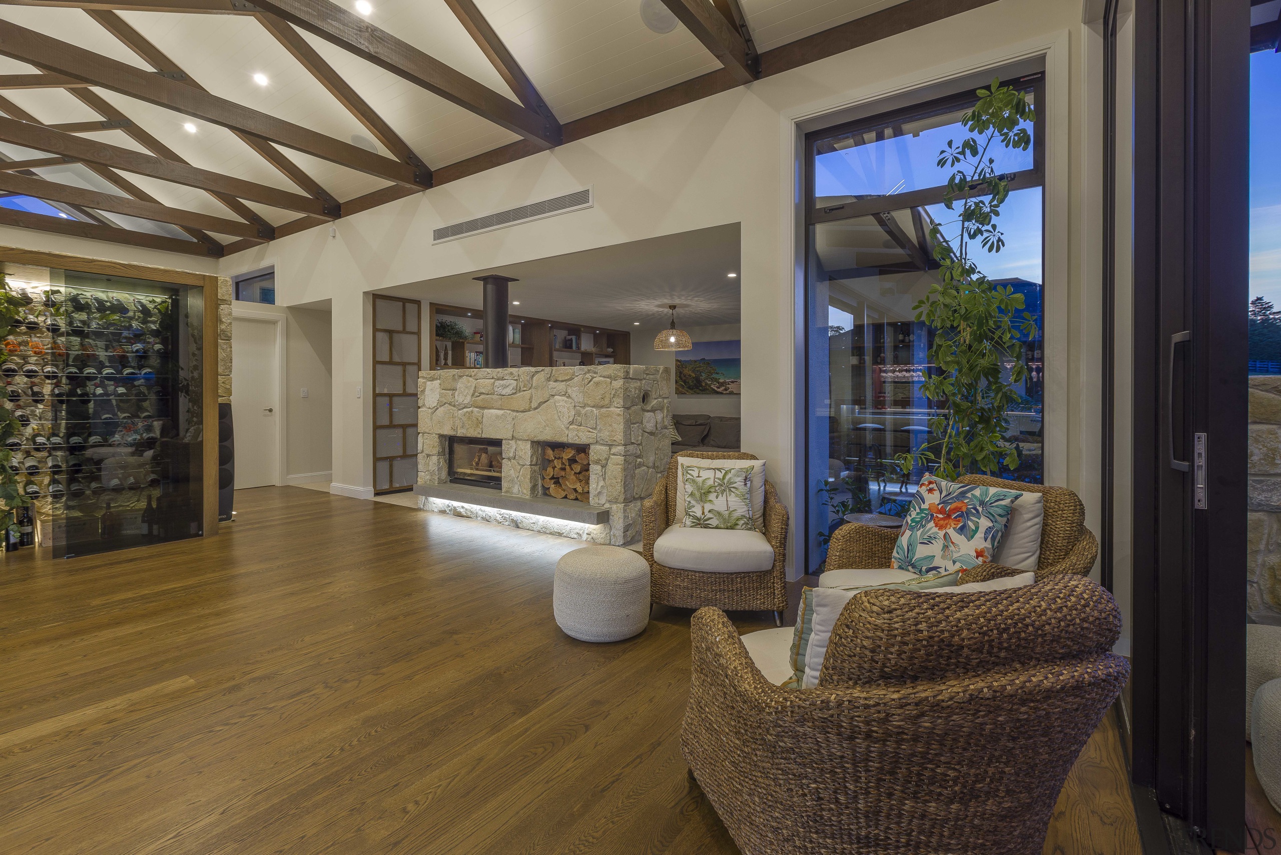 With a high-tech wine cellar and tasting room architecture, building, ceiling, estate, floor, flooring, furniture, hardwood, home, house, interior design, living room, loft, property, real estate, room, wood, wood flooring, brown, gray