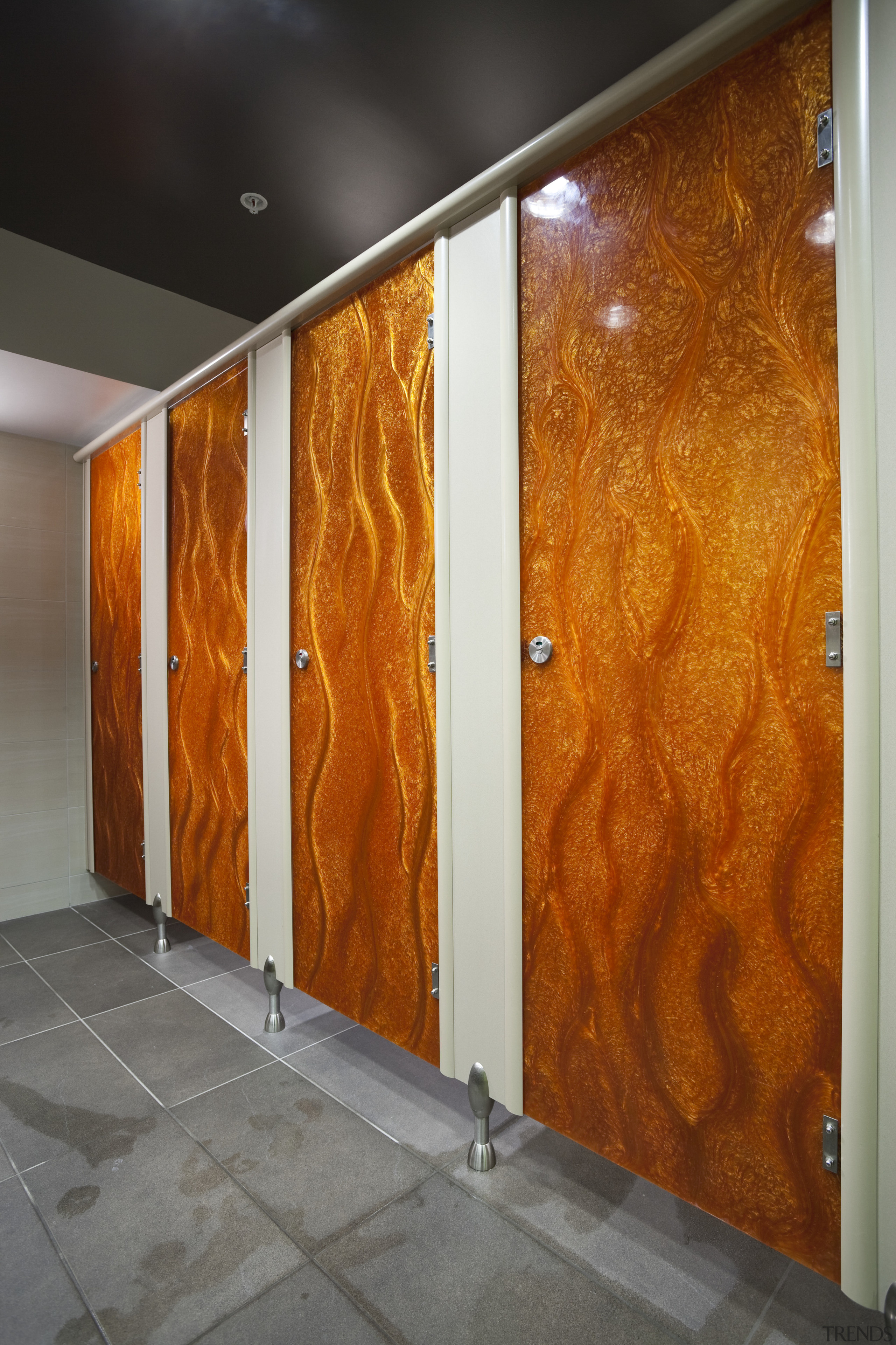 View of the new Les Mills gym. - door, floor, flooring, glass, interior design, modern art, orange, wall, wood, wood stain, brown, gray