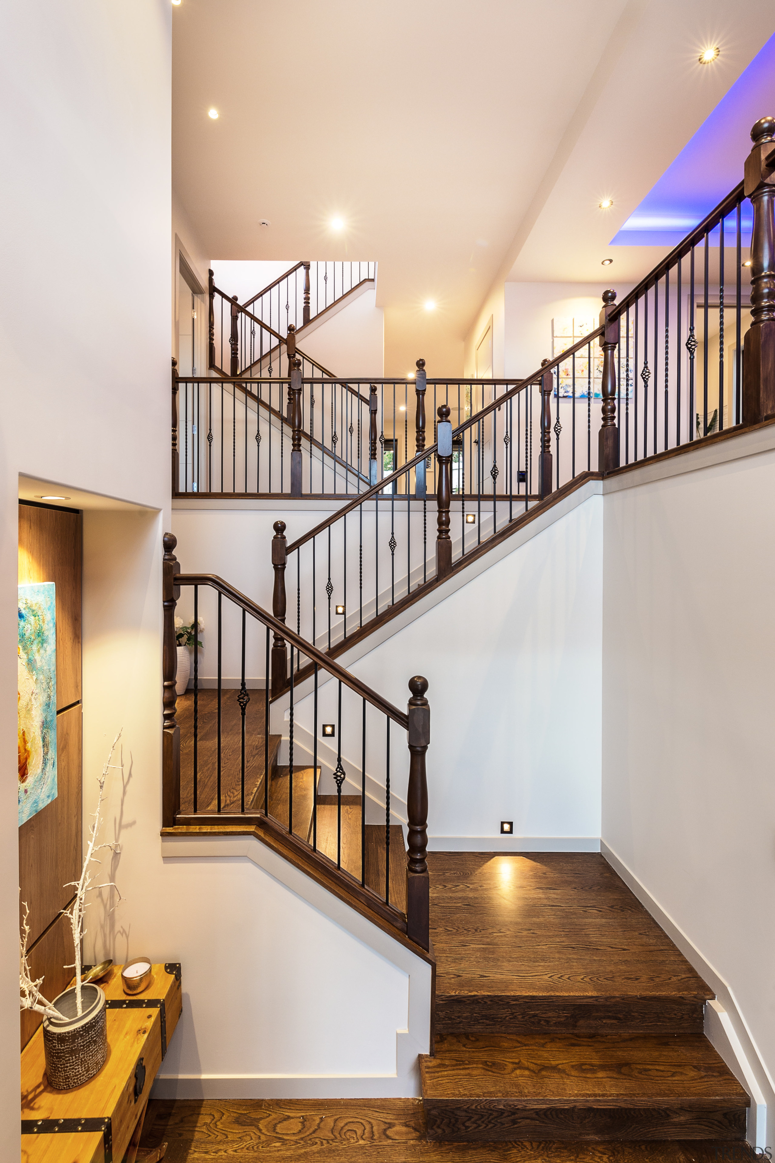 ​​​​​​​Central stairs in this new home are matched apartment, balustrade, handrail, home, interior design, stairs, Continental Stairs, baluster, Chancellor Constrtuction