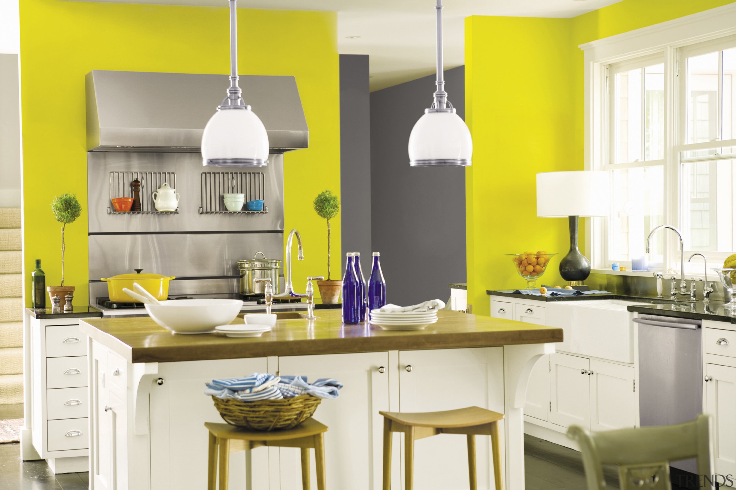 View of Benjamin Moore Paints. - View of countertop, cuisine classique, dining room, furniture, home, interior design, kitchen, room, table, yellow, white