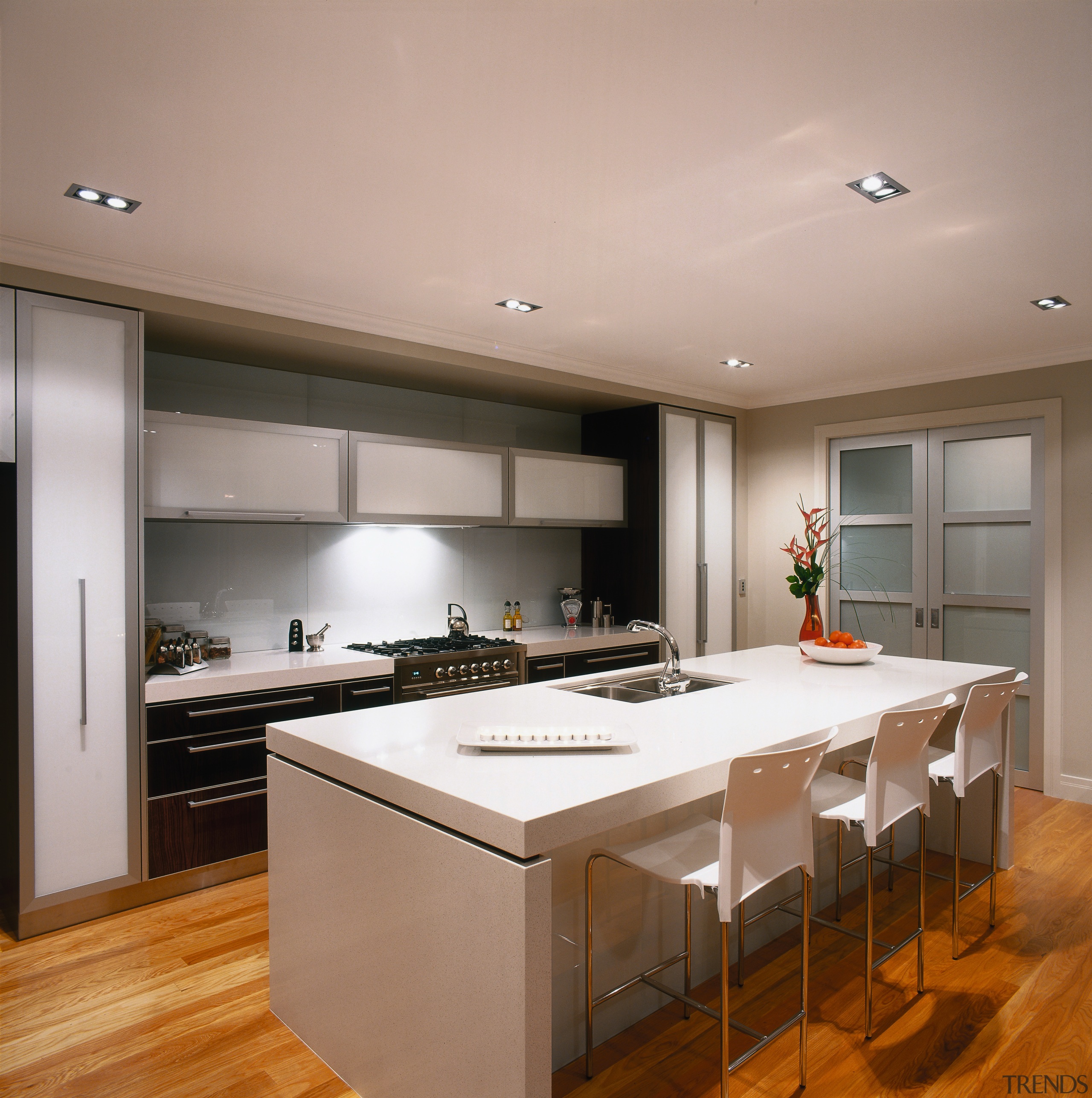View of this kitchen area - View of cabinetry, ceiling, countertop, cuisine classique, floor, flooring, hardwood, interior design, kitchen, laminate flooring, real estate, room, wood flooring, gray, brown