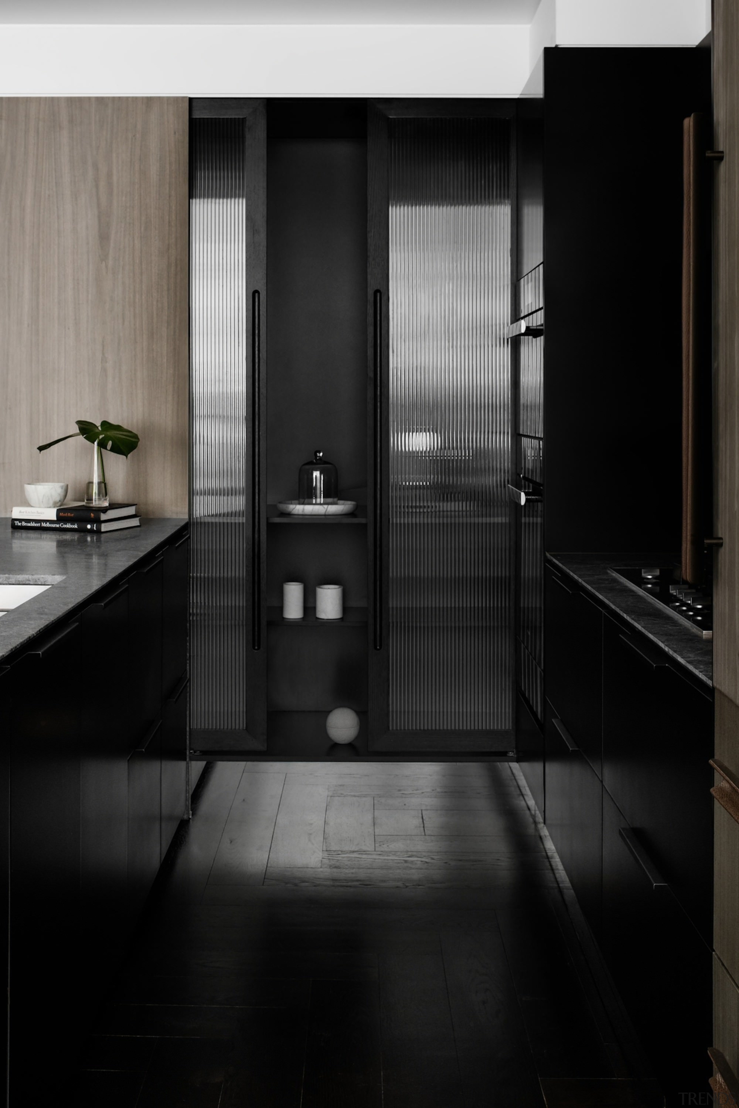 A view of the kitchen storage - A architecture, bathroom, black, black and white, floor, glass, interior design, monochrome, monochrome photography, room, sink, black
