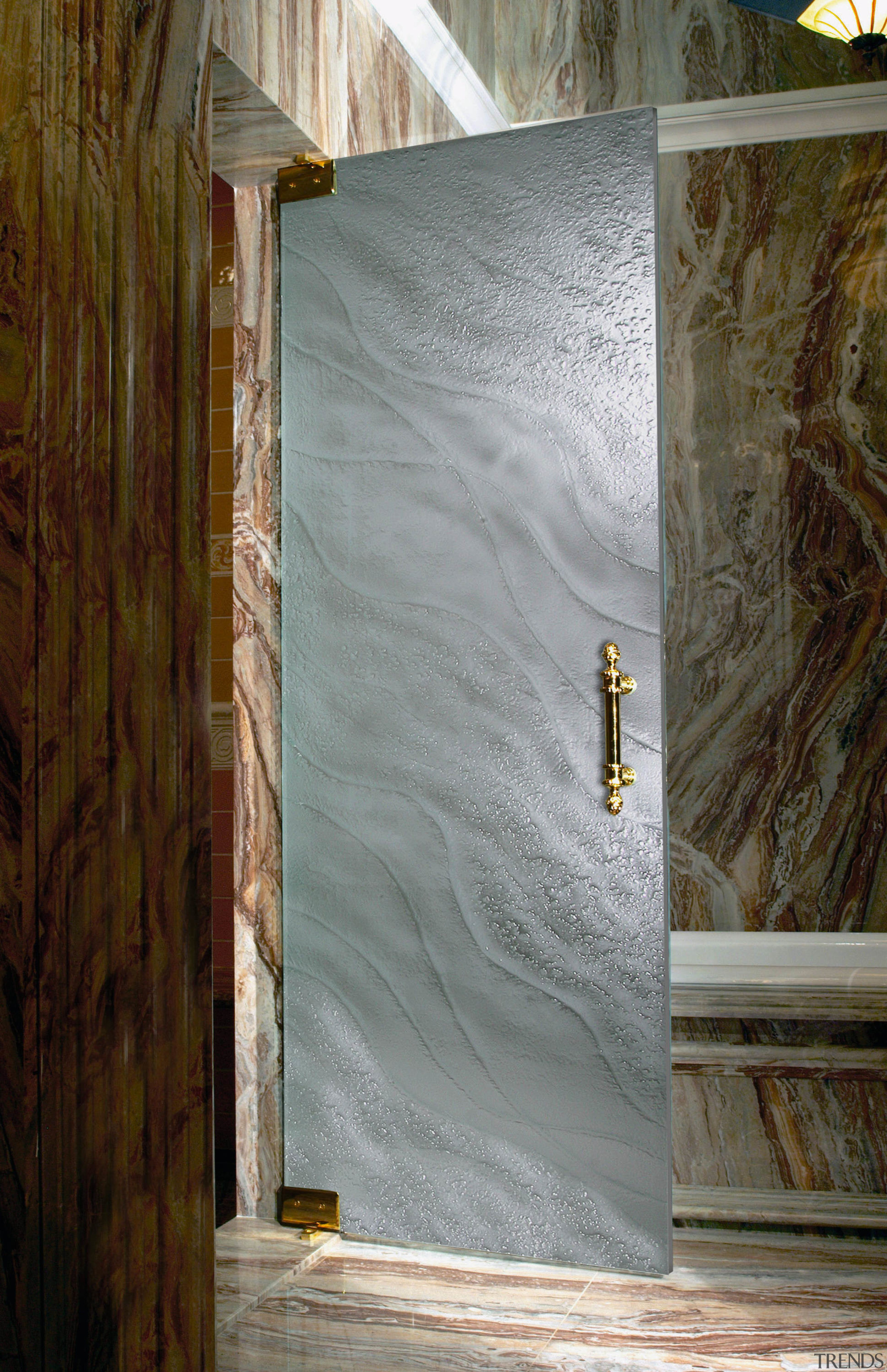 View of a large glass shower panel, marble door, wall, window, wood, gray, brown