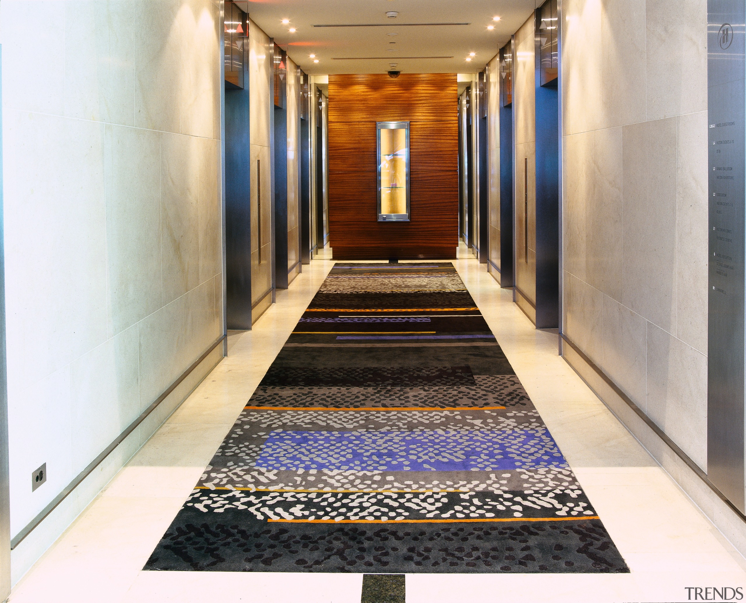 Long patterned rug in lift lobby. - Long carpet, floor, flooring, interior design, tile, white