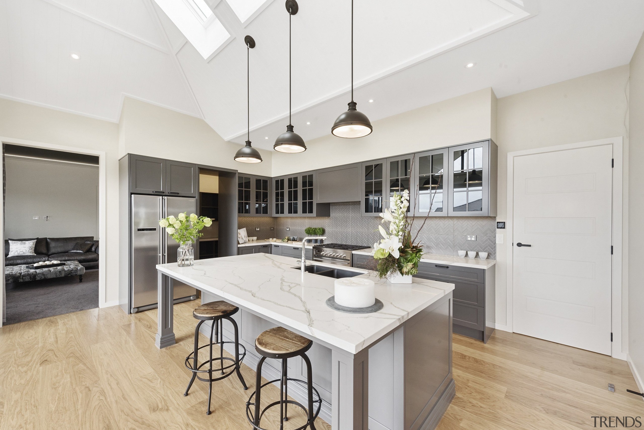 This spectacular kitchen features Haro Oak Markant Permadur countertop, cuisine classique, floor, interior design, kitchen, real estate, room, white