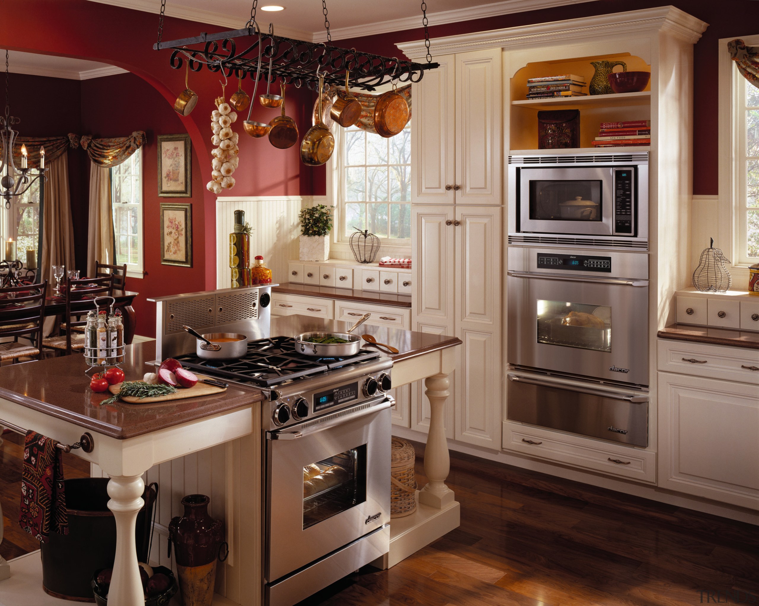 View of the kitchen area of this home cabinetry, countertop, cuisine classique, home appliance, interior design, kitchen, kitchen appliance, kitchen stove, room, brown, red