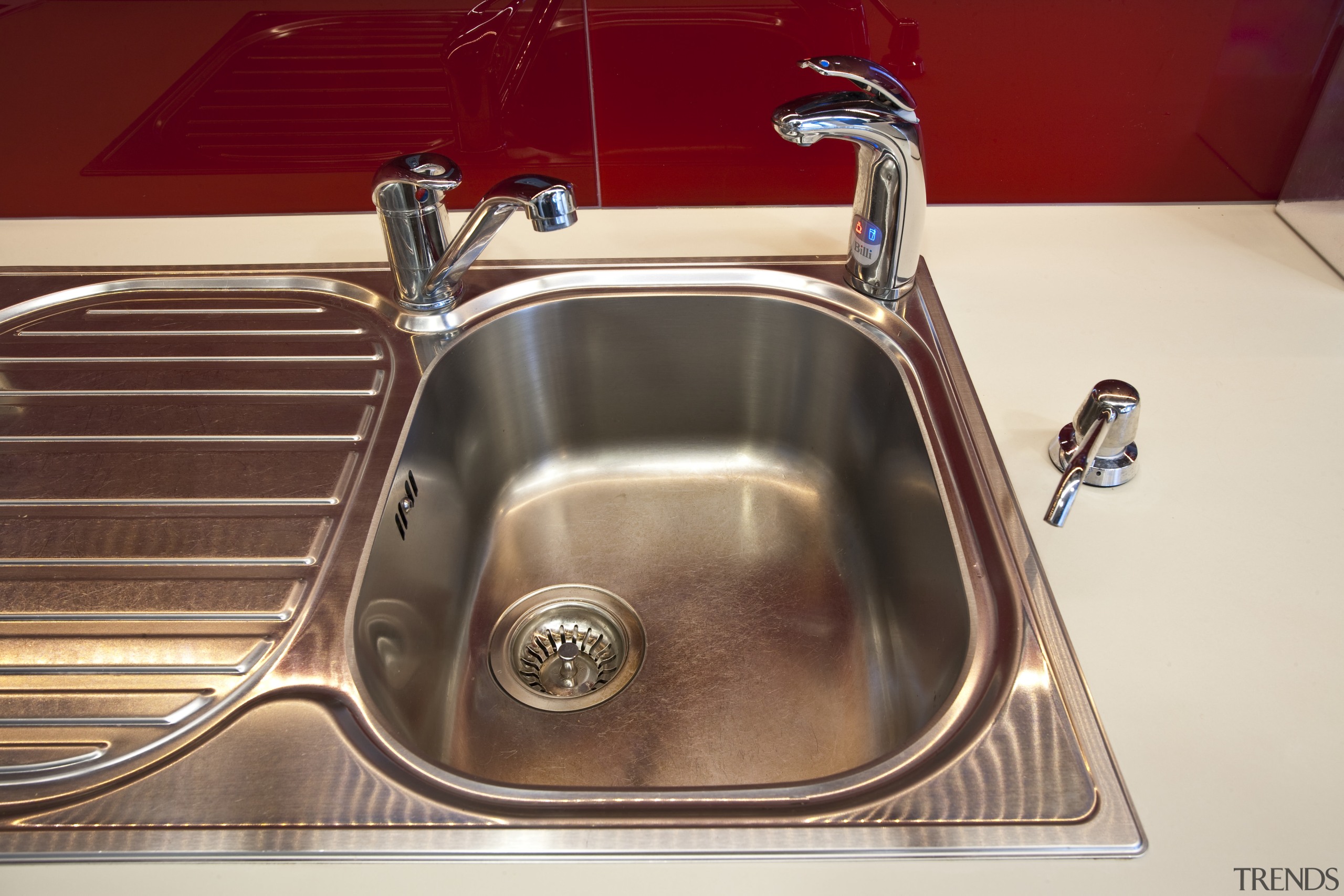 View of the staff kitchen at the BNZ bathroom sink, plumbing fixture, sink, red, white