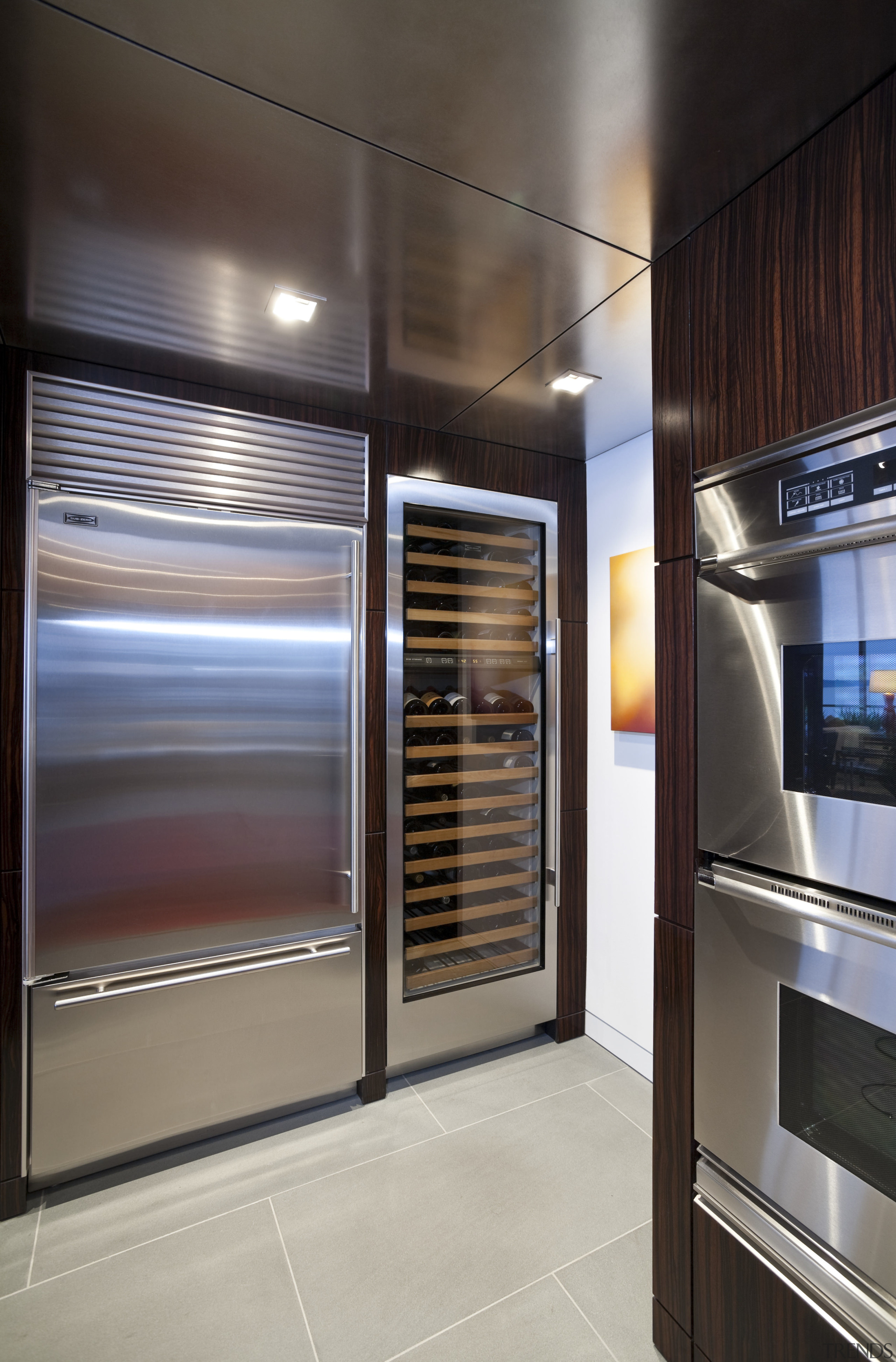 View of stainless steel appliances in Macasser ebony home appliance, interior design, major appliance, refrigerator, gray, black