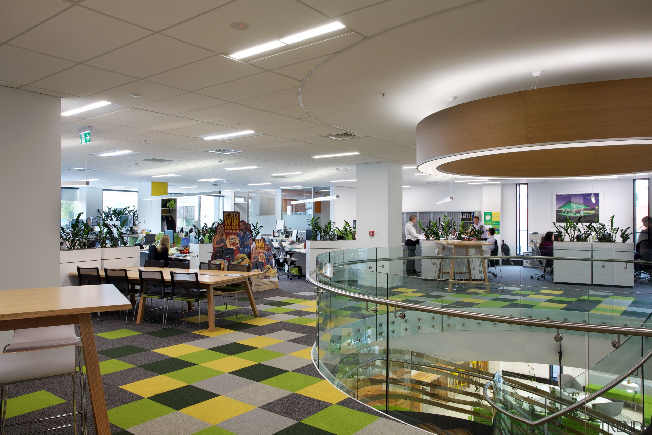 Colourful carpet tiles in the new BP office cafeteria, food court, institution, interior design, lobby, gray