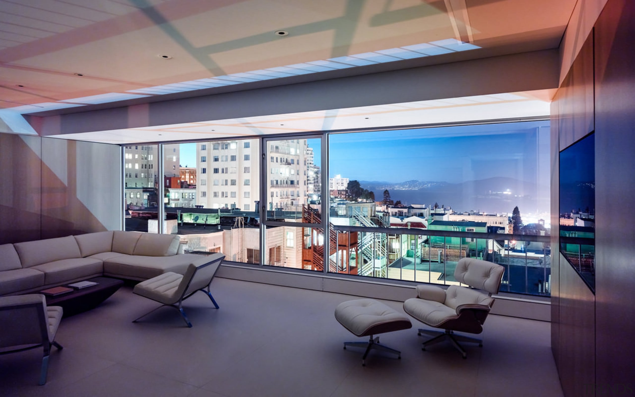 The apartment in the evening - The apartment apartment, architecture, ceiling, daylighting, interior design, living room, lobby, penthouse apartment, real estate, gray