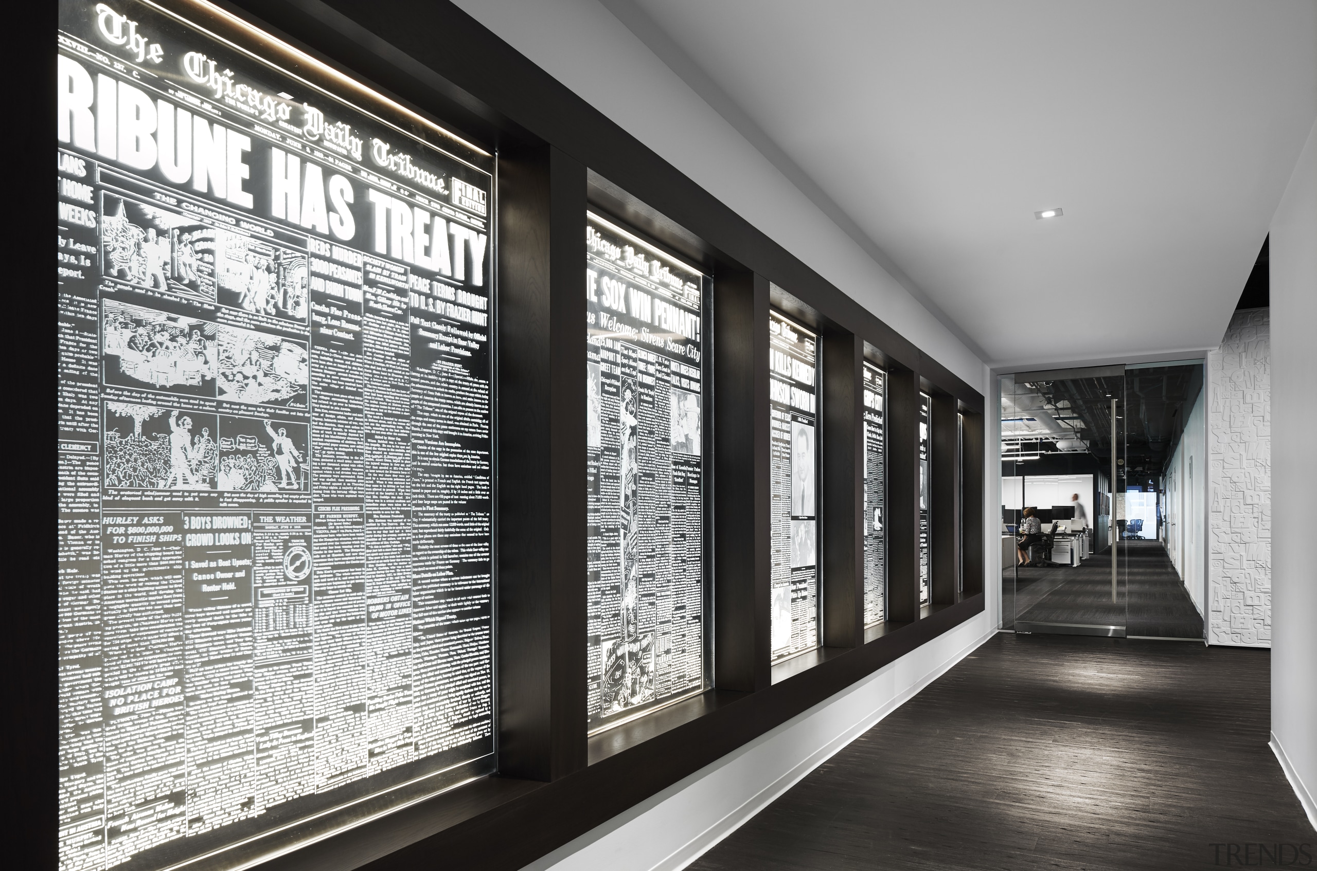 Links to the past – the wall in black and white, glass, interior design, window, walkway, Chicago Tribune,  Office fitout, Eastlake Studios