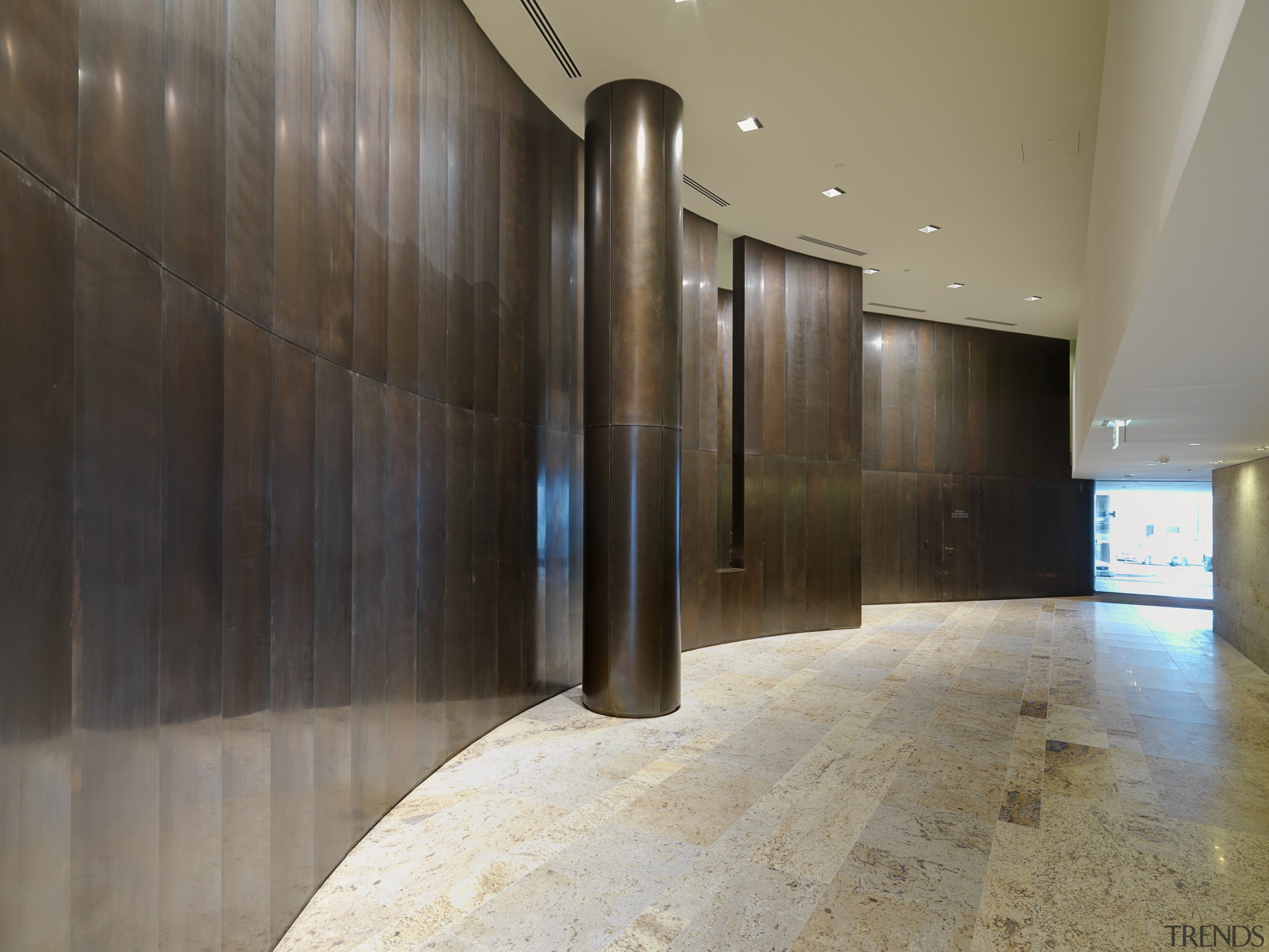 Exterior view of One East Melbourne developed by architecture, ceiling, floor, flooring, interior design, lobby, property, real estate, gray, brown