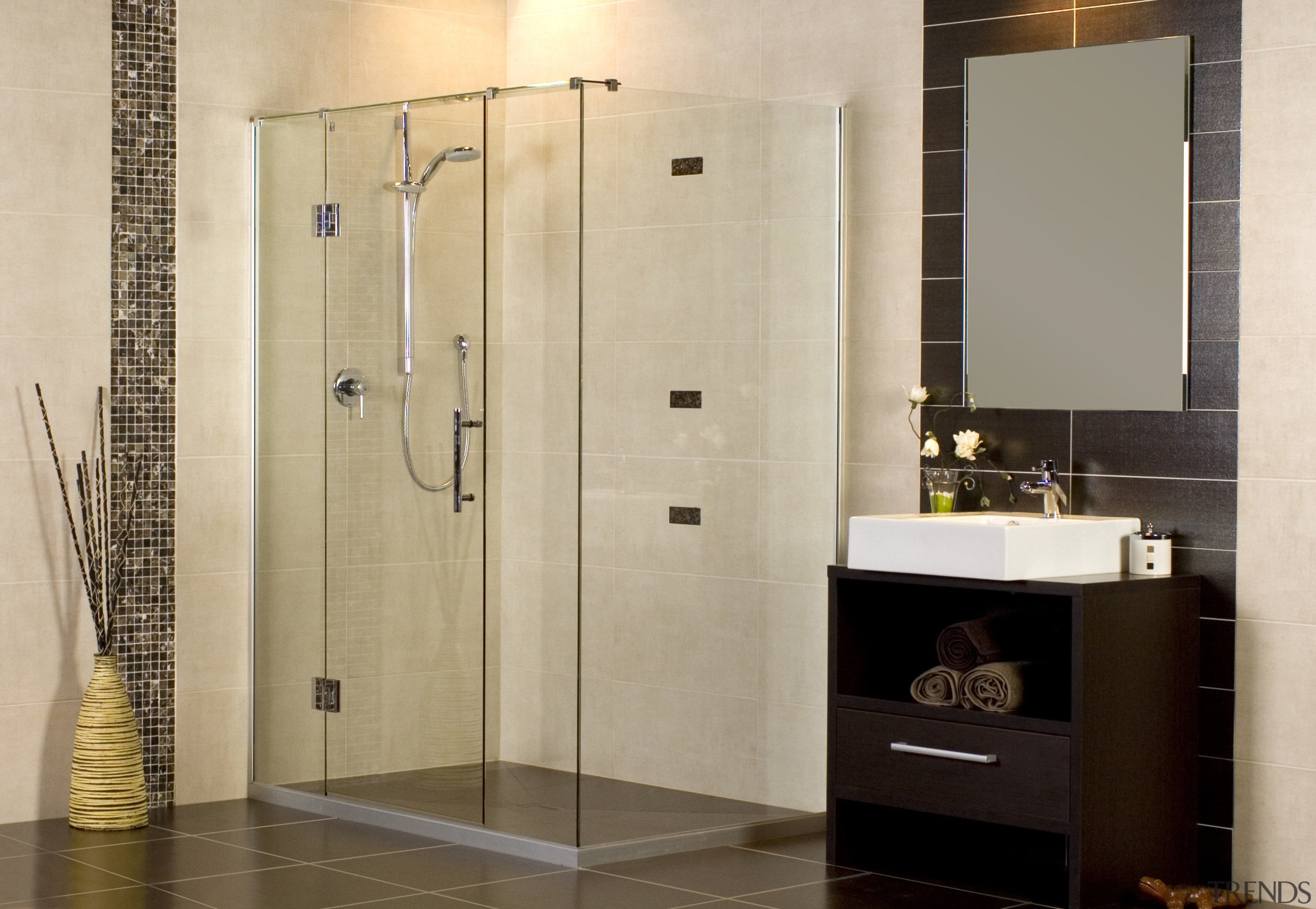 Image of Atlantis Bathroom's 'Atlantis Artisan' shower. bathroom, plumbing fixture, shower, shower door, orange