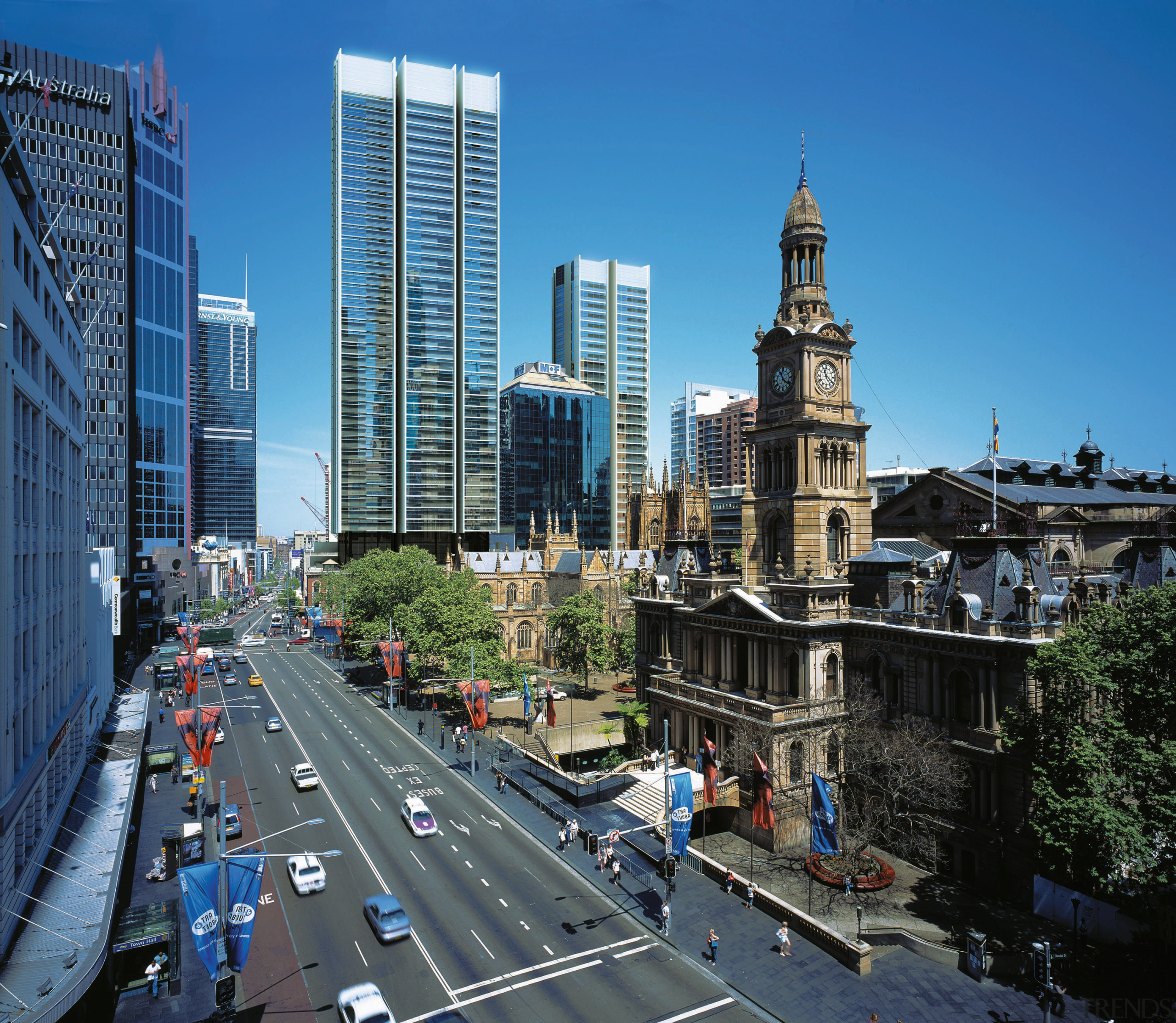 Eight slender, glass-clad towers are linked by a building, car, city, cityscape, condominium, controlled access highway, daytime, downtown, infrastructure, landmark, lane, metropolis, metropolitan area, neighbourhood, residential area, road, sky, skyline, skyscraper, street, tower block, town, transport, tree, urban area, teal