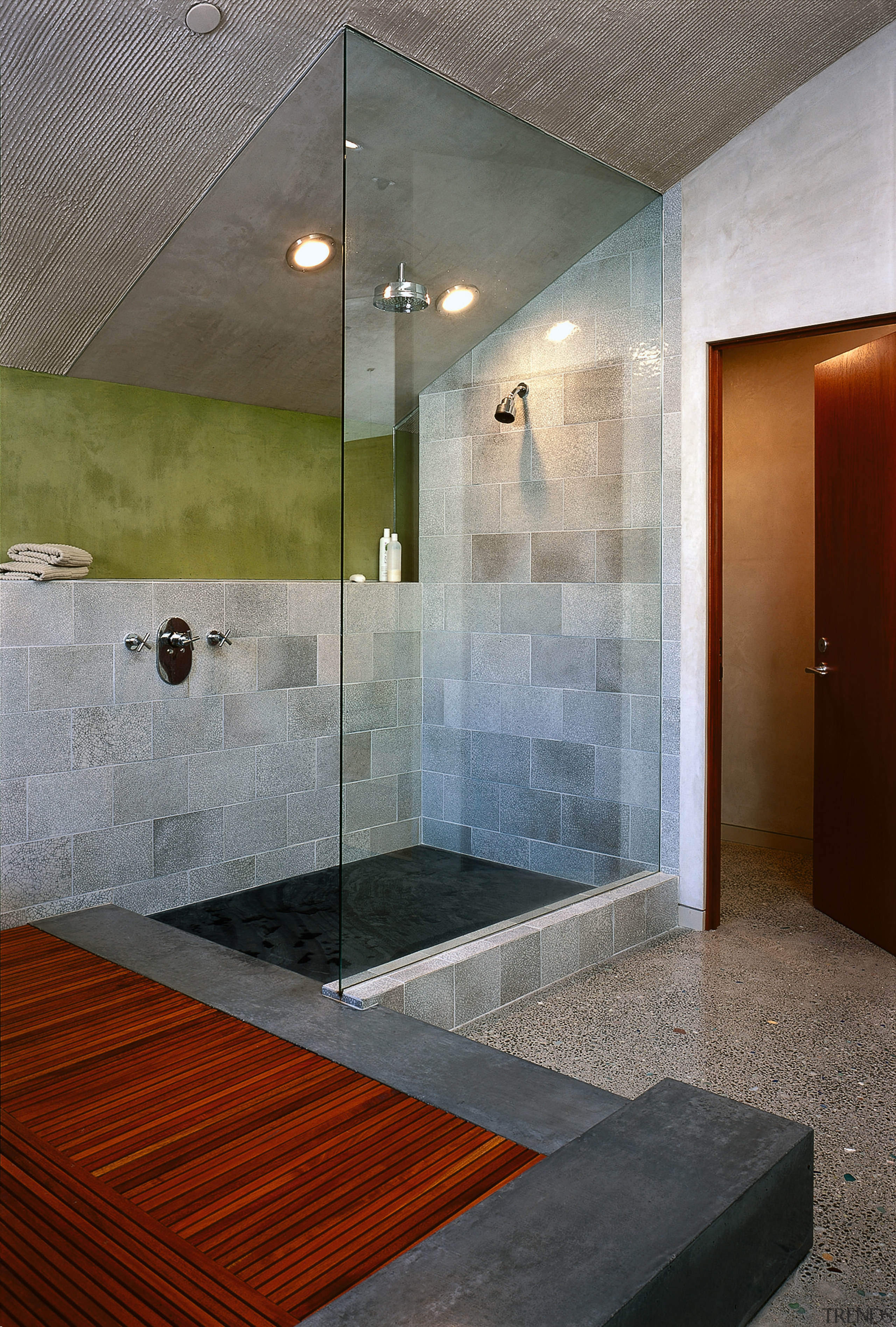 Overview of the shower - Overview of the architecture, bathroom, ceiling, daylighting, floor, glass, interior design, plumbing fixture, room, tile, wall, gray