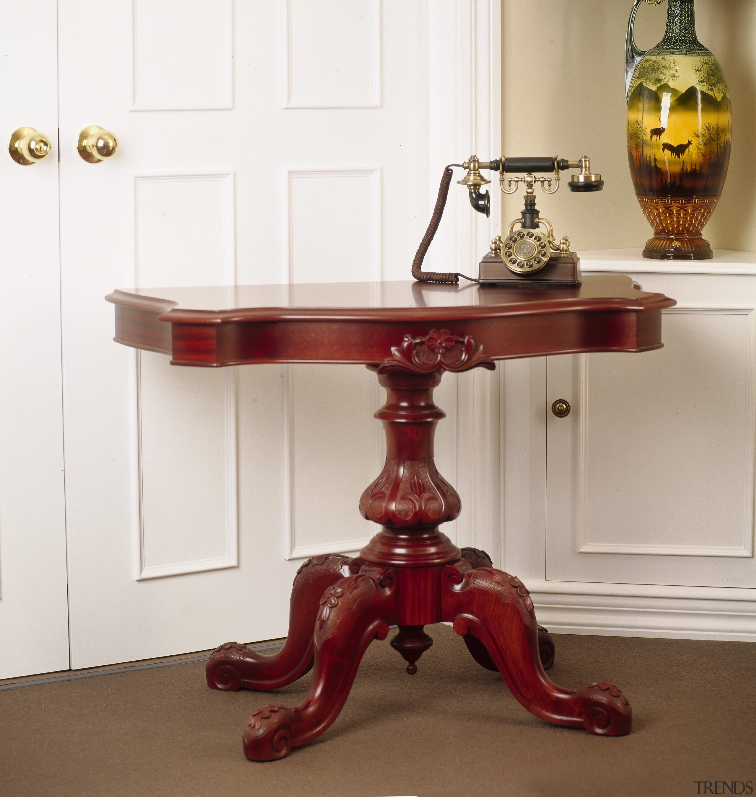 Red timber Victorian hall table with carved legs coffee table, end table, furniture, table, white