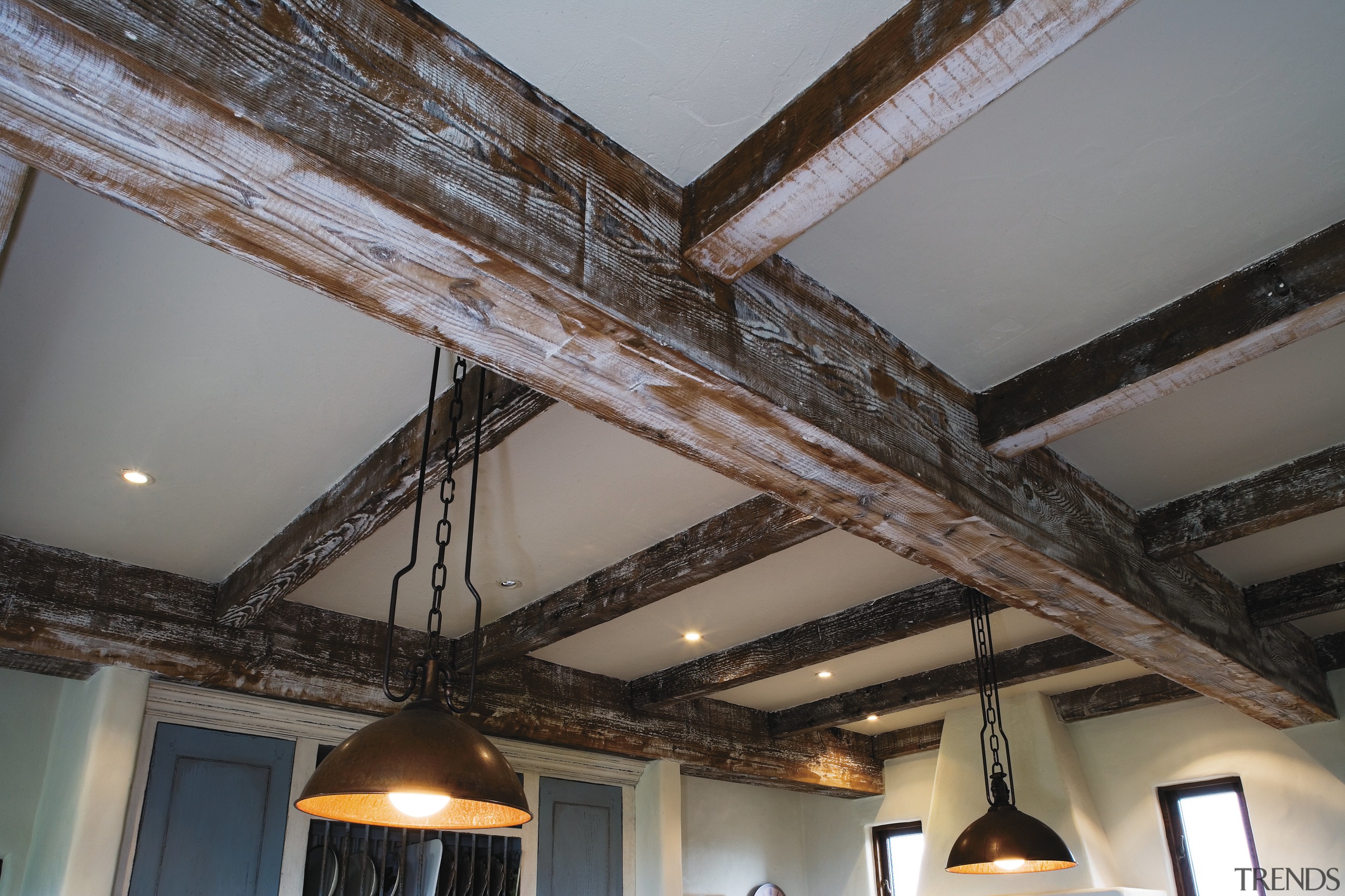 A view of some hardwood beams from the beam, ceiling, daylighting, wood, gray, black