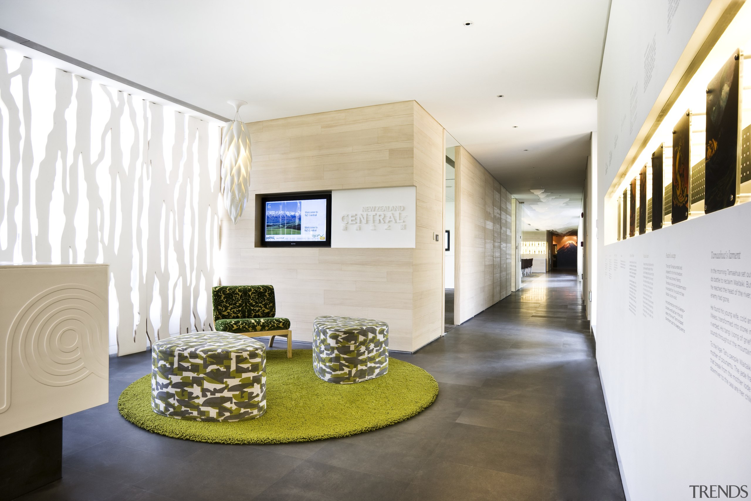 View of an office area which features NZ architecture, ceiling, exhibition, interior design, lobby, white