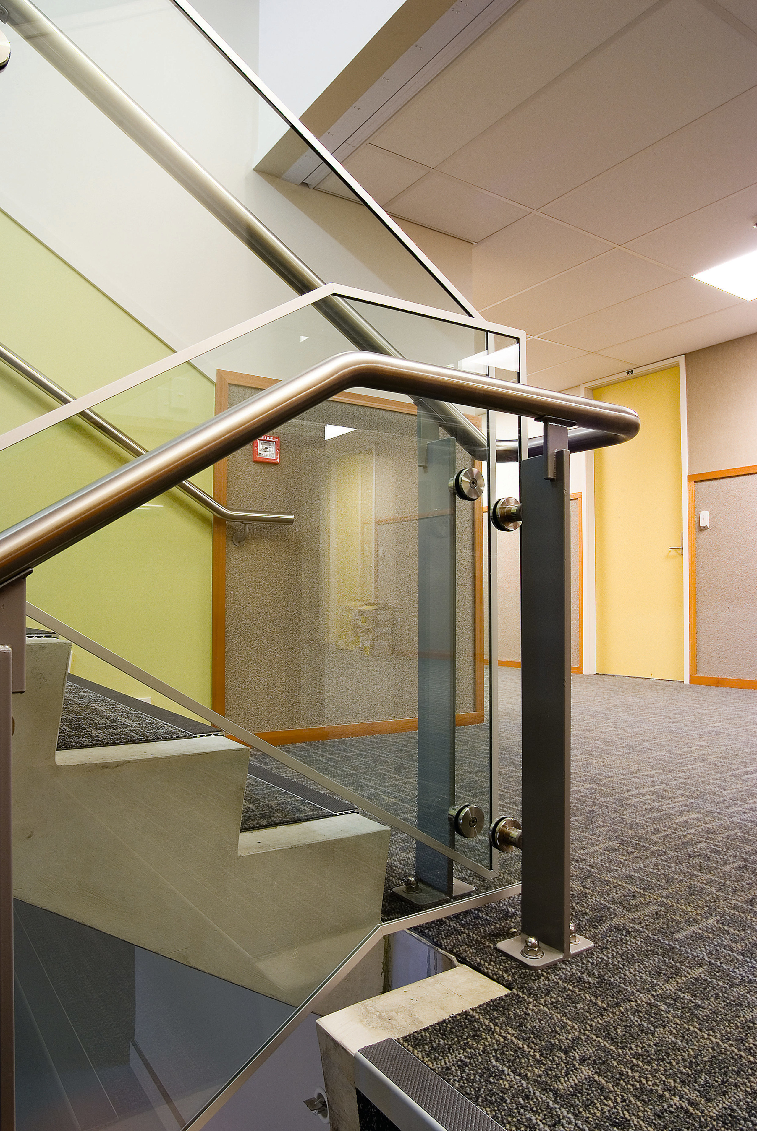 A view of some balustrades by FGS Metalwork. architecture, ceiling, daylighting, glass, handrail, stairs, structure, gray, brown