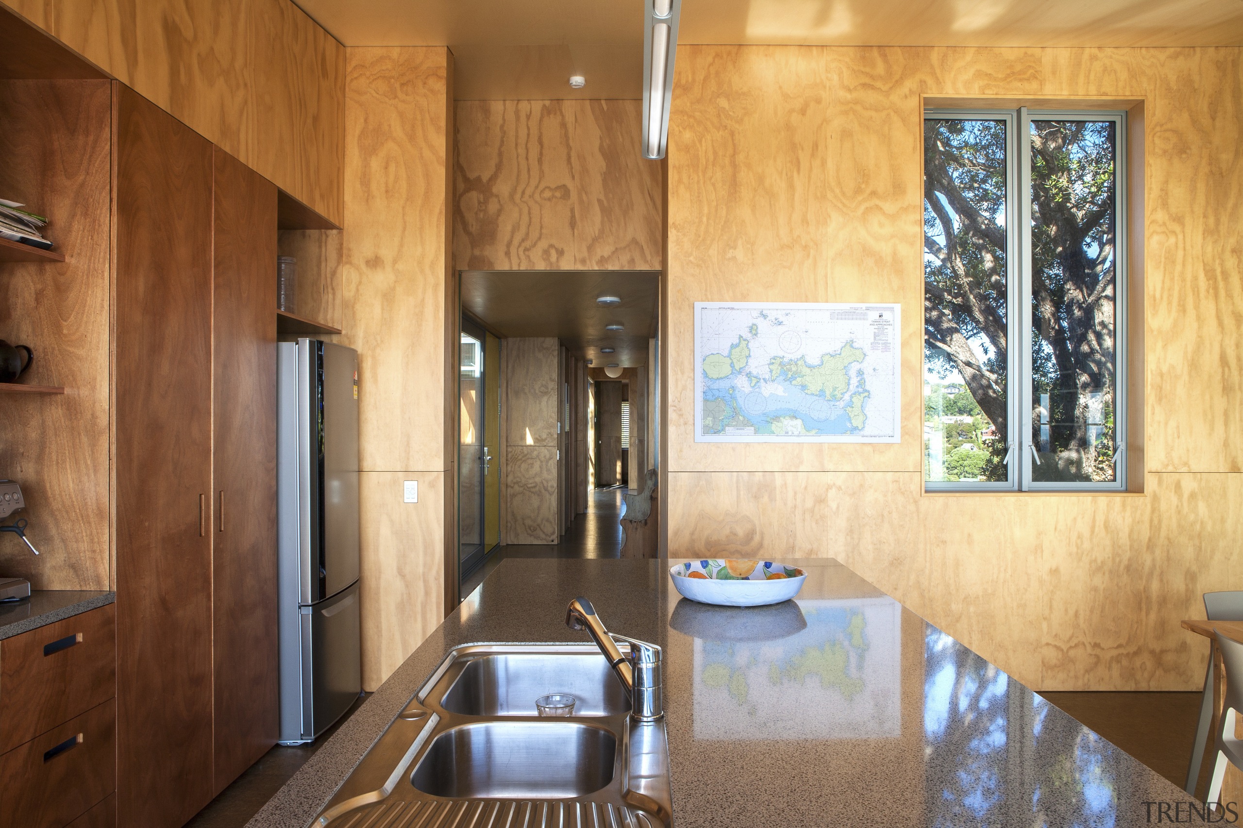 Radiata pine ply clads the walls throughout the architecture, cabinetry, ceiling, countertop, estate, home, interior design, real estate, room, wood, brown, orange